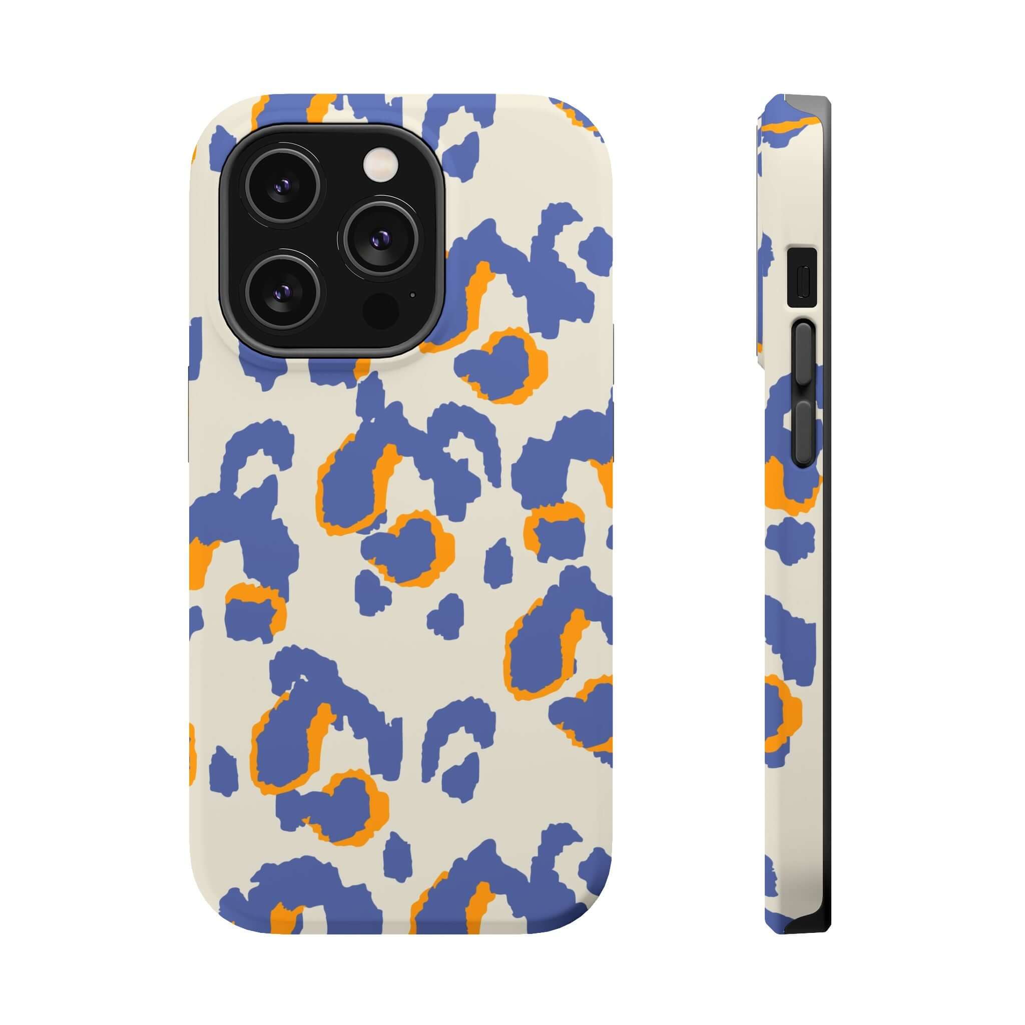 Blue leopard print iPhone case with colorful abstract design, showcasing cute and stylish look for phone protection.