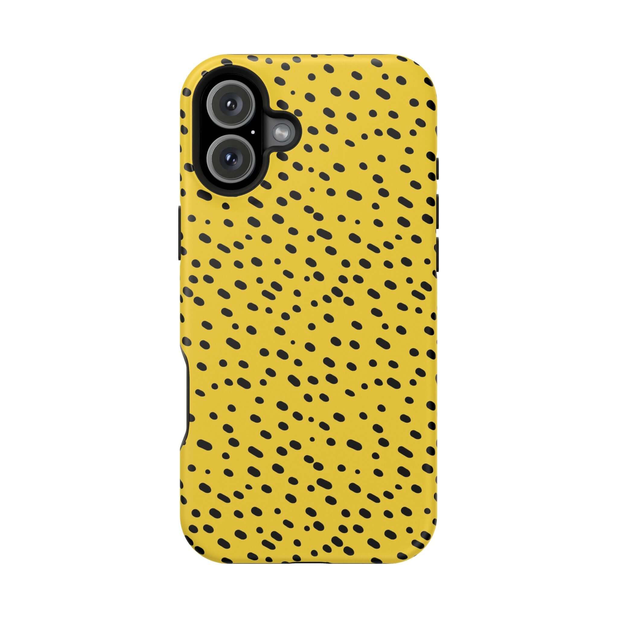 Colorful yellow cheetah print iPhone case with black abstract spots, a cute and protective MagSafe cover by Spot On.