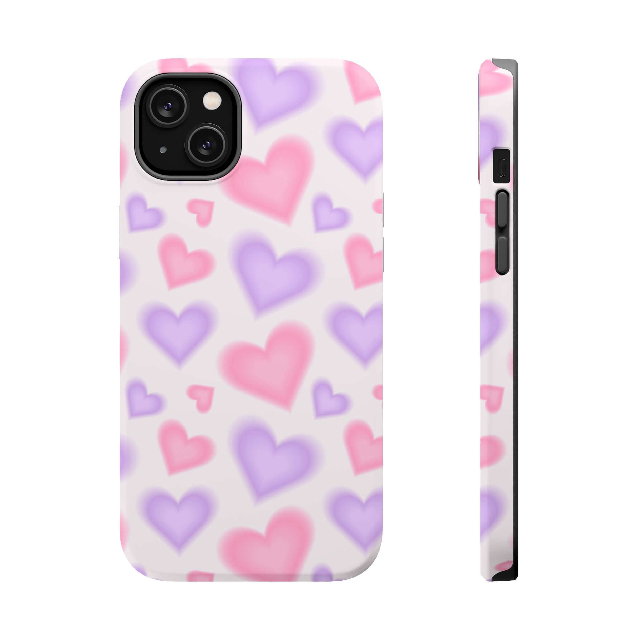 Cute phone cover featuring pink and purple hearts for Apple iPhone, adding playful charm and style.