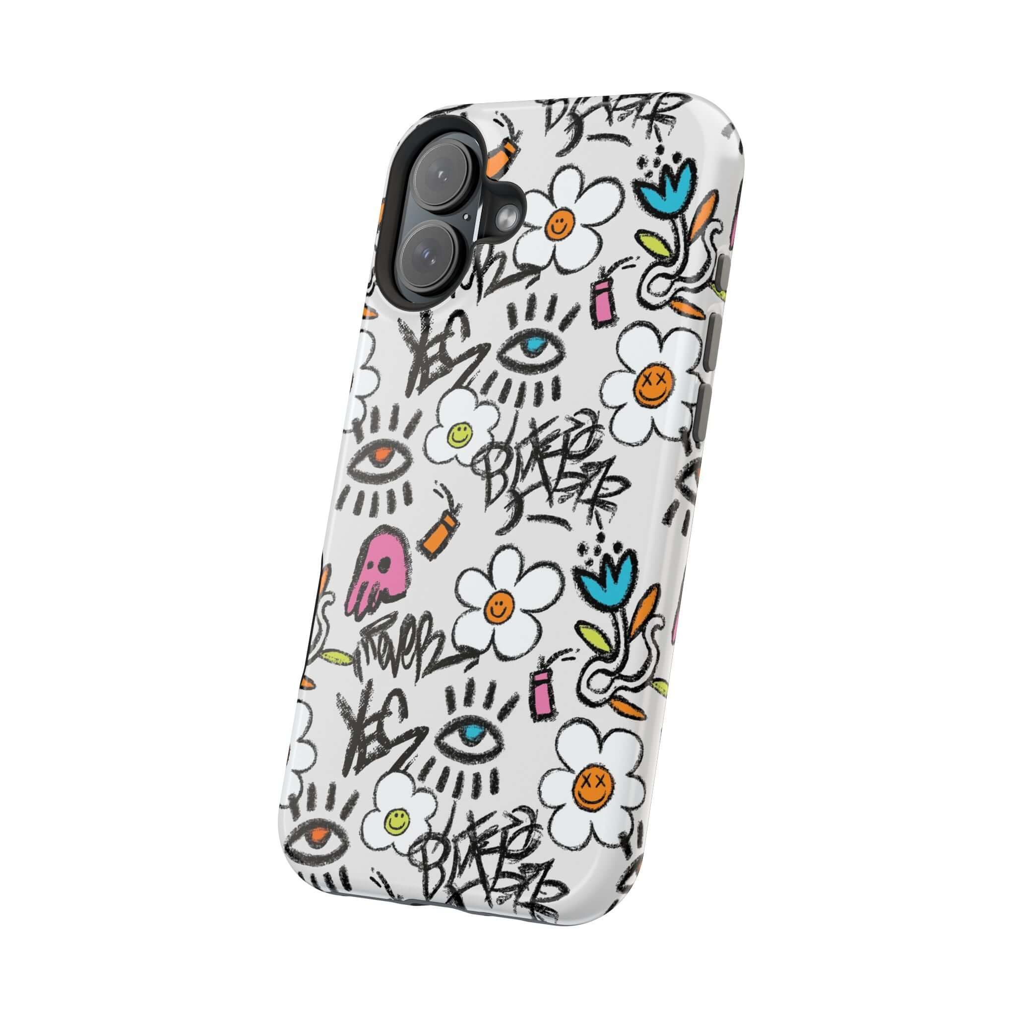 Cute phone cover featuring vibrant floral graffiti design for iPhone, perfect for adding playful style.