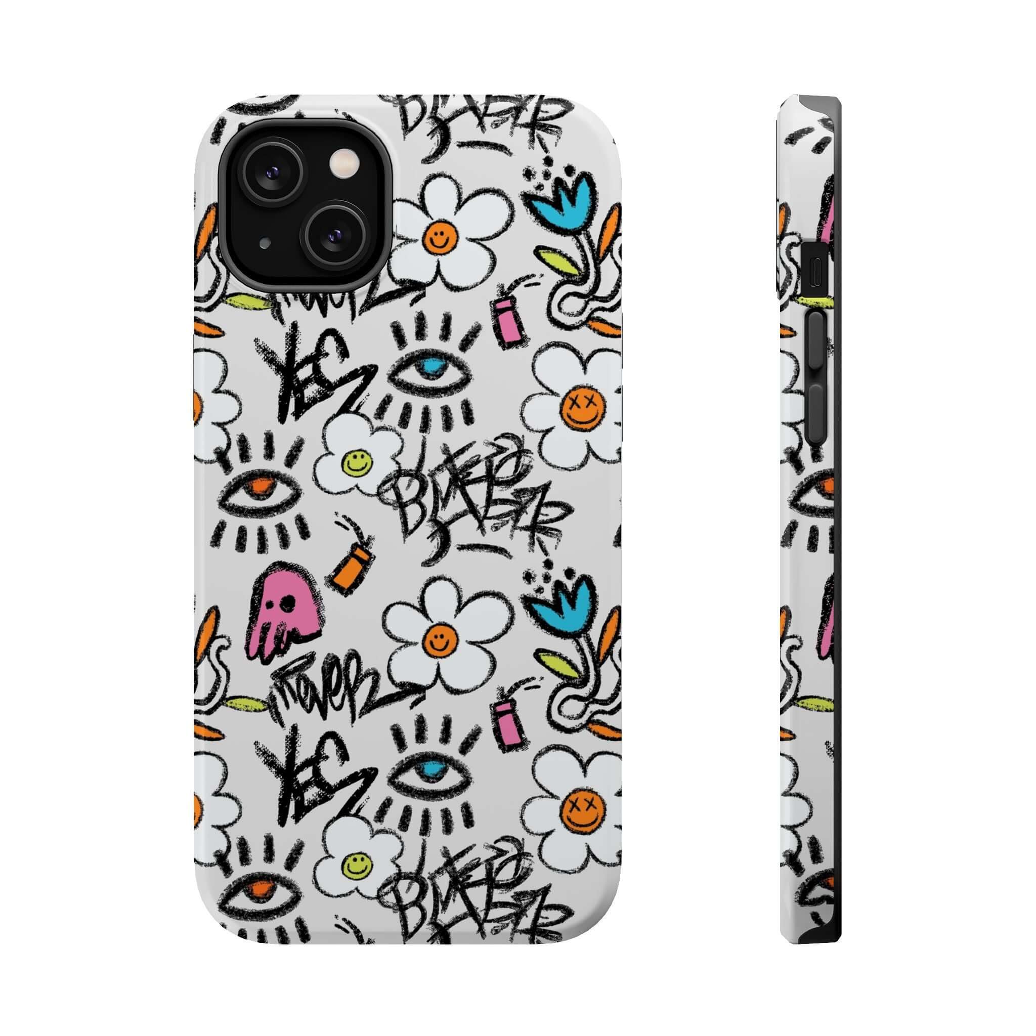 Cute phone cover with colorful floral graffiti design for iPhone, showcasing vibrant colors and playful art.