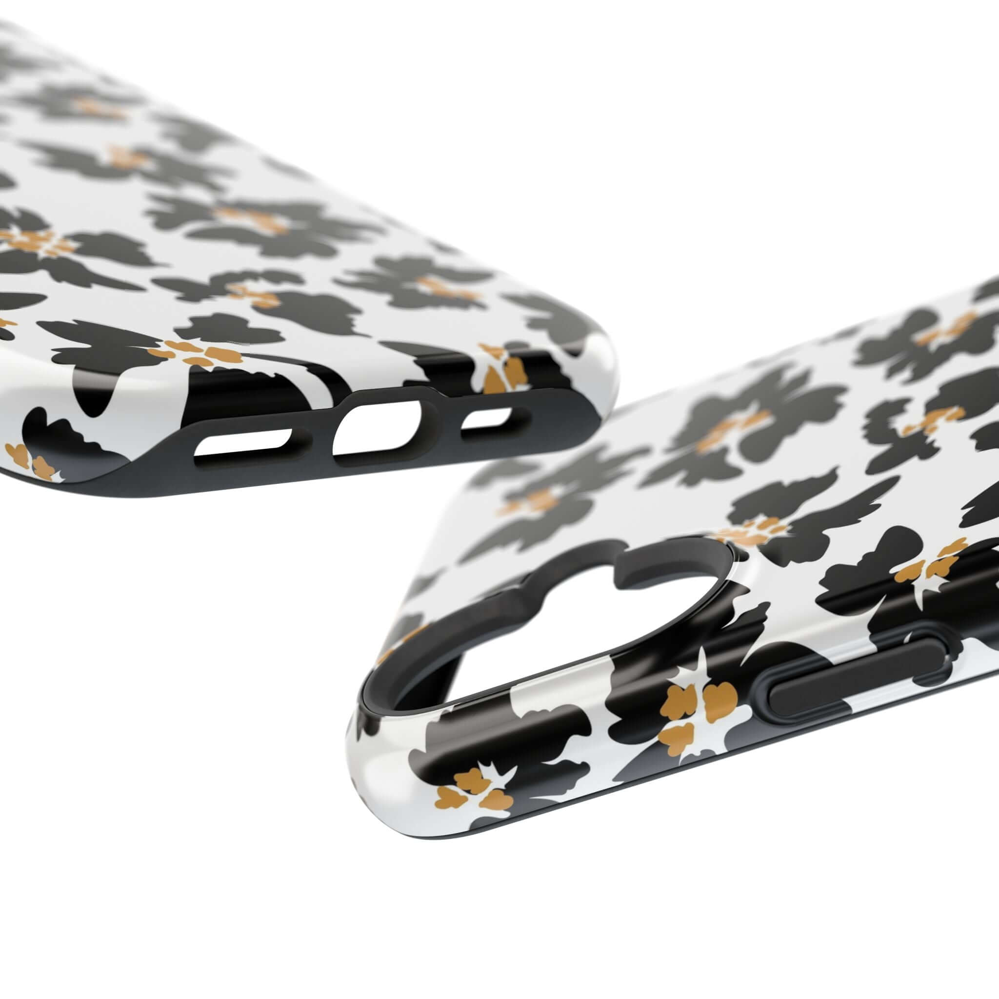 Black floral Noir Flora modern phone case with elegant animal print design, ideal for fashion-forward iPhone users.