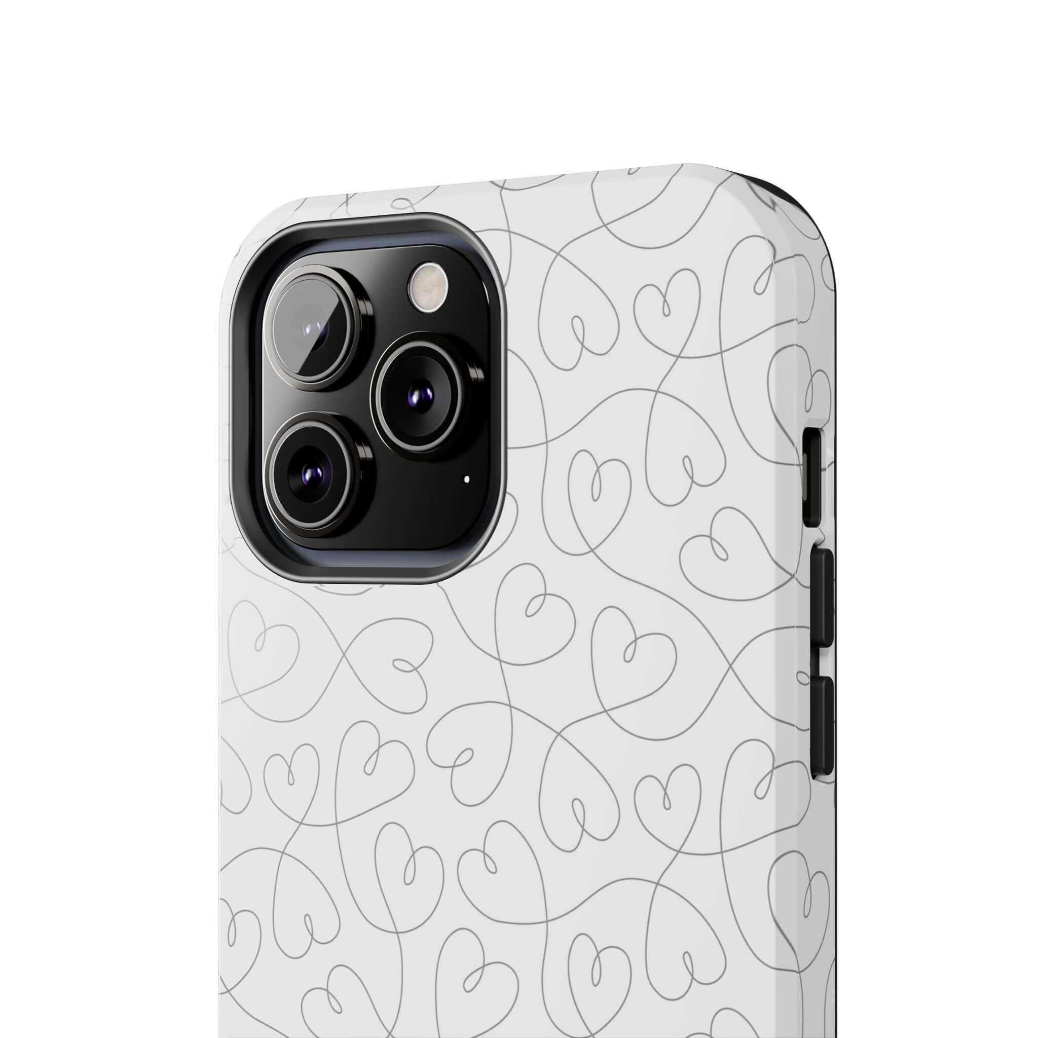 Silver Hearts Romance iPhone 14 Pro Max case with abstract heart design, cute phone case perfect for brides and weddings with silver background.