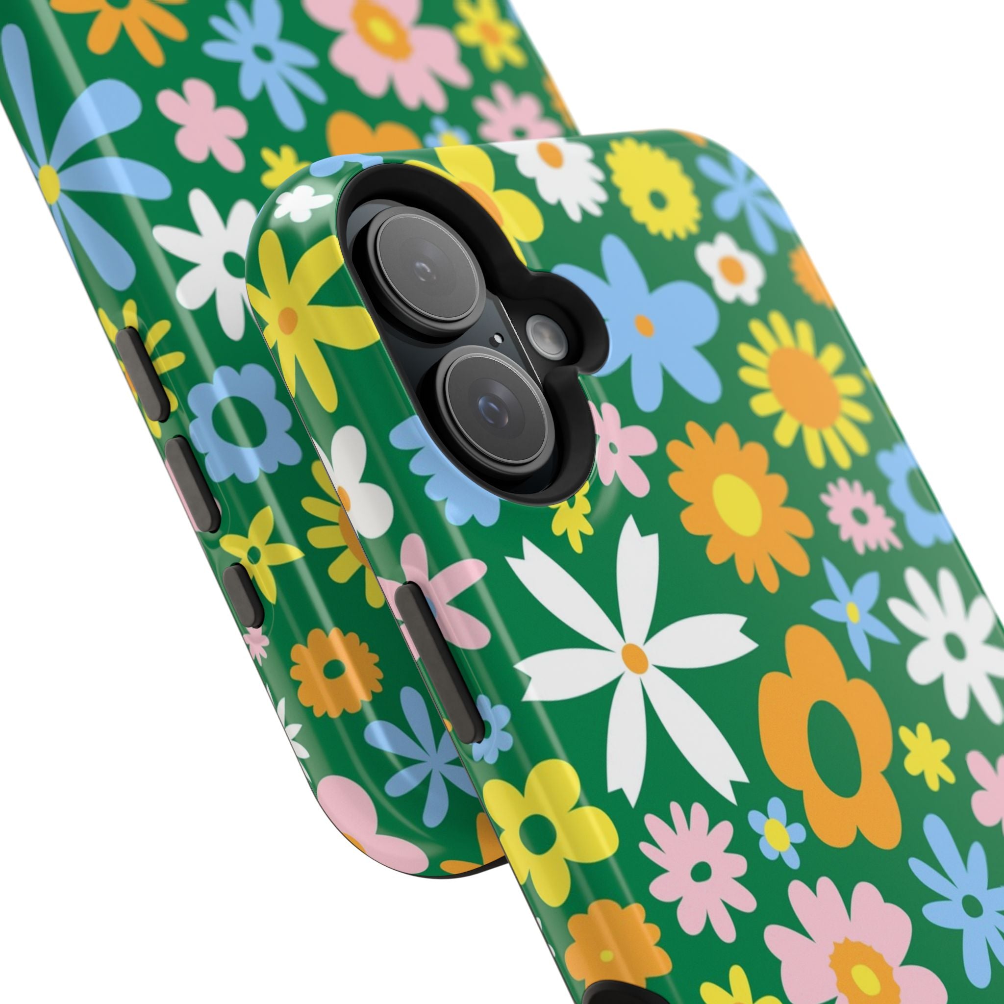 Hippie floral MagSafe iPhone case with vibrant green and colorful blooms, cute phone cover for a quirky, stylish touch.