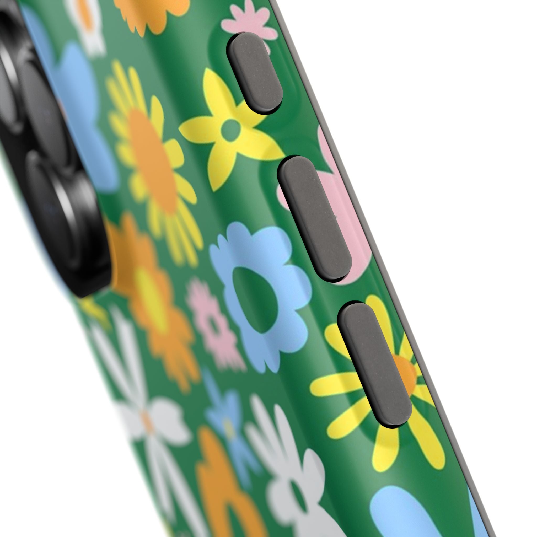 Vibrant green Chasing Blooms MagSafe iPhone case with colorful hippie floral design, perfect cute phone cover for style and protection.