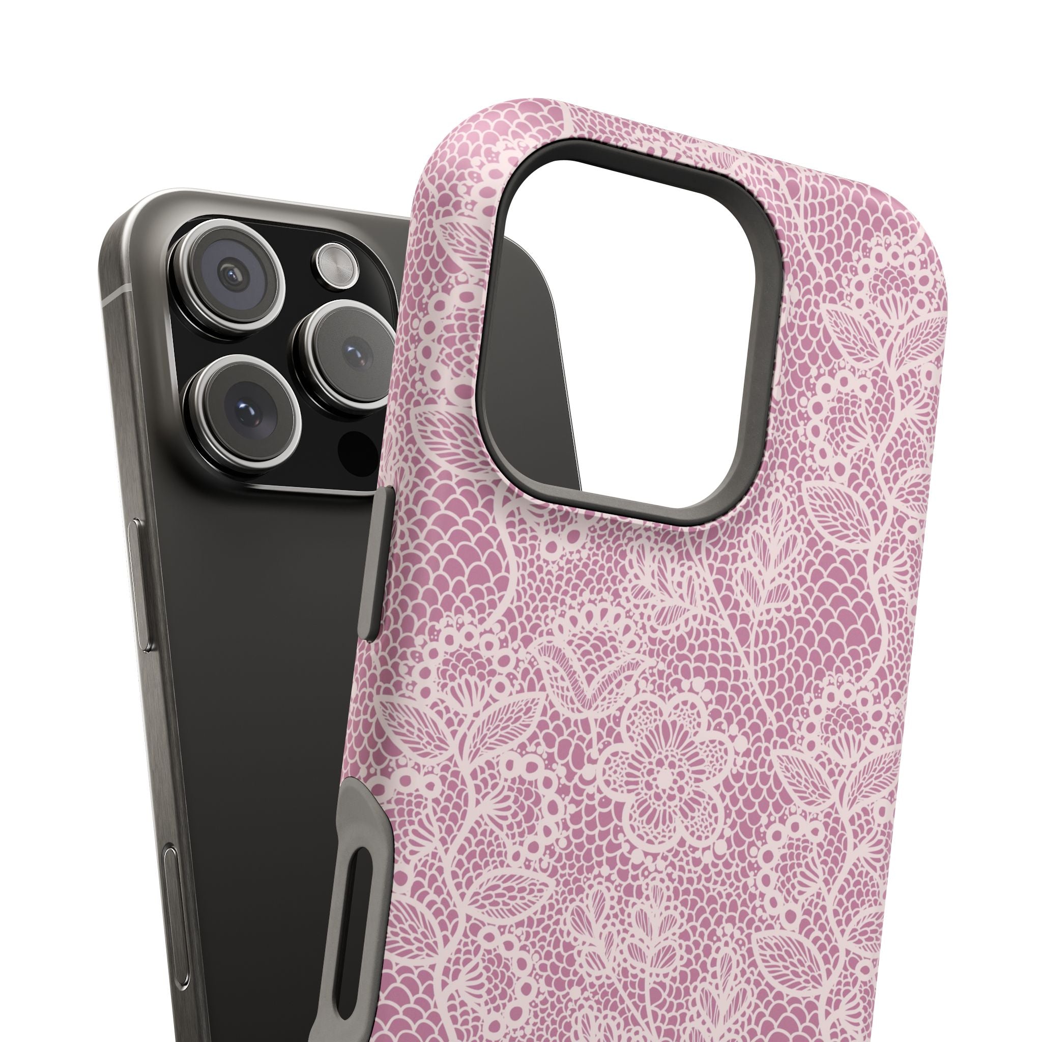 MagSafe iPhone case with cute pink lace design and floral pattern, adding country charm and protection to your phone.