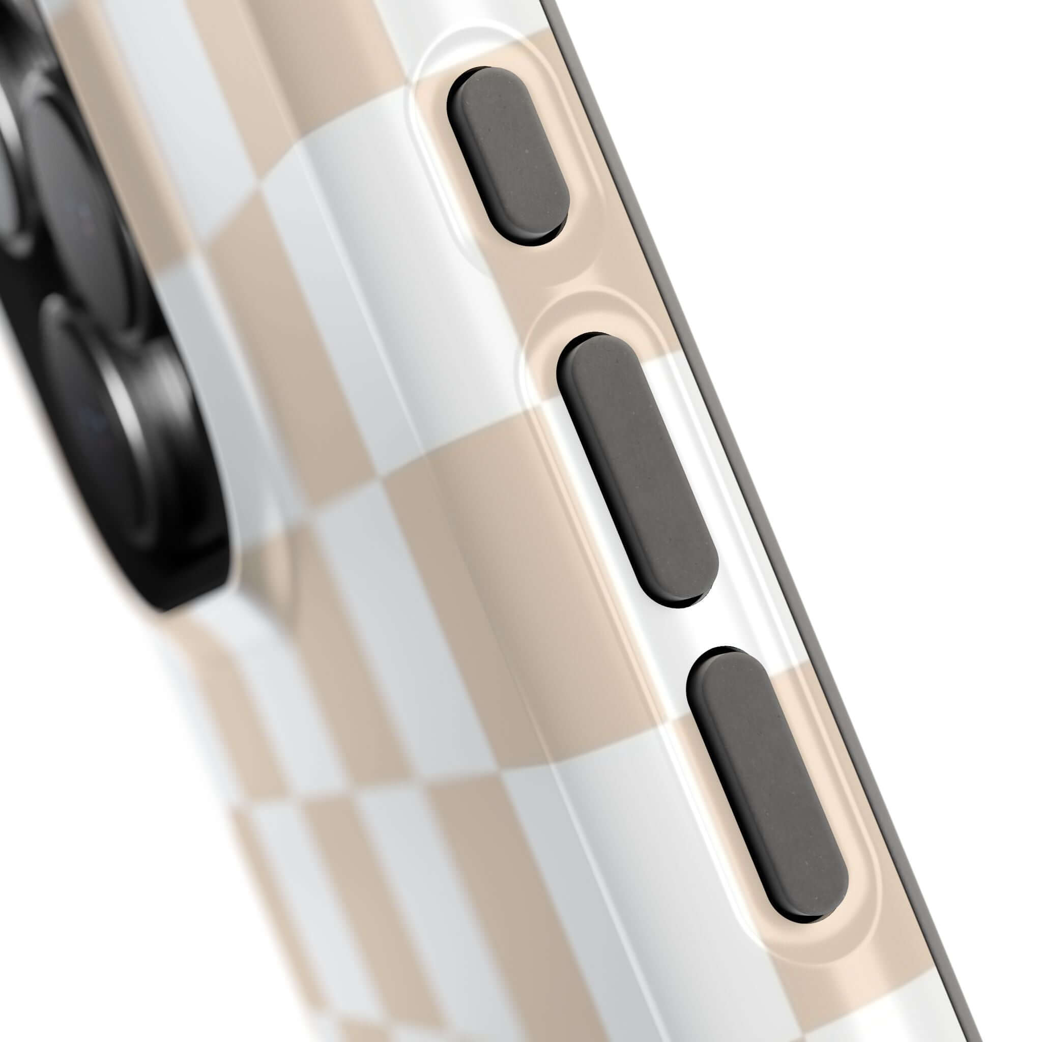 Close-up of Cream Checkered MagSafe iPhone 16 Case buttons, showcasing trendy and cute protective phone case design.