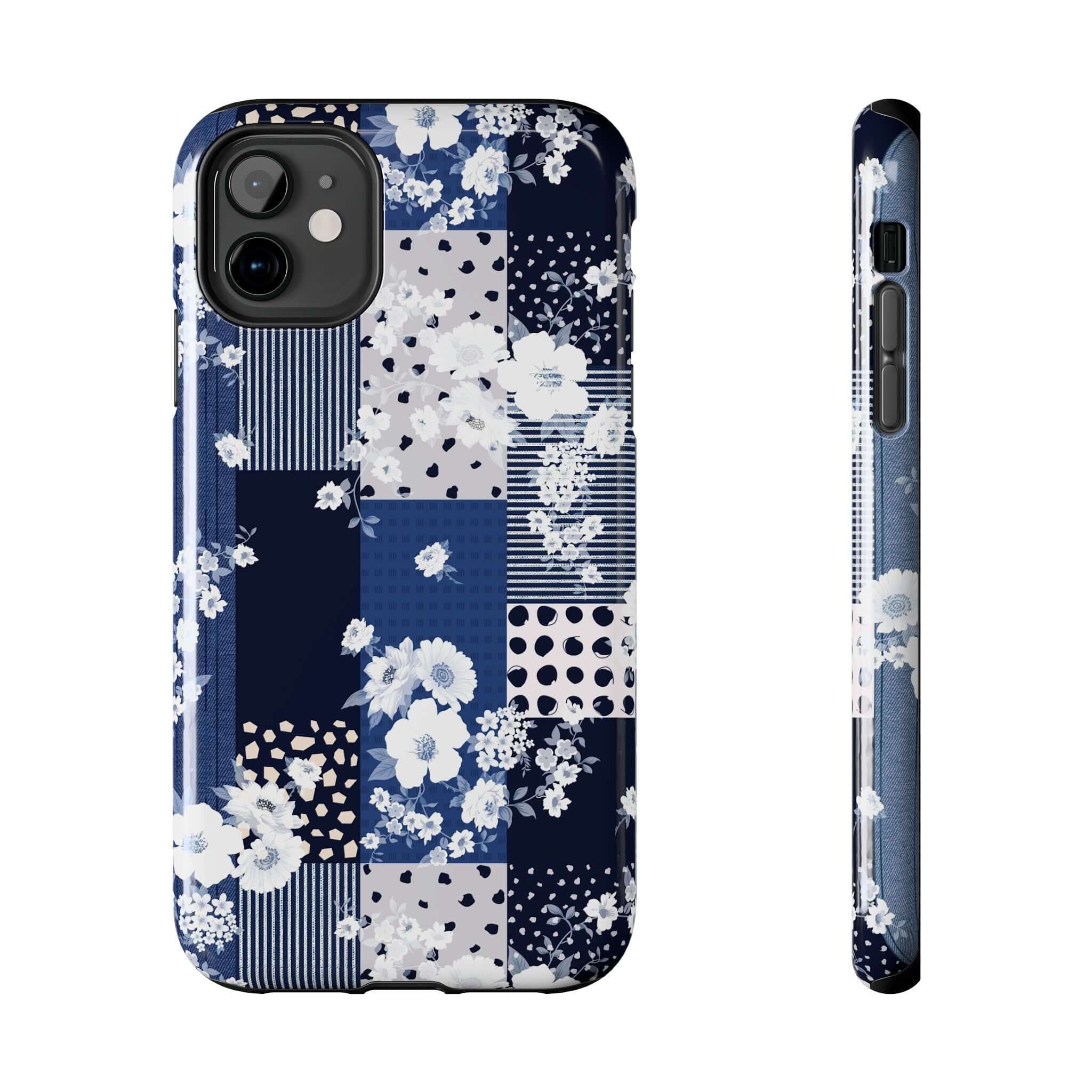 Sorority Book Club blue floral phone case showcasing a playful patchwork design, ideal for a cute iPhone case or Samsung phone cover with flowers.