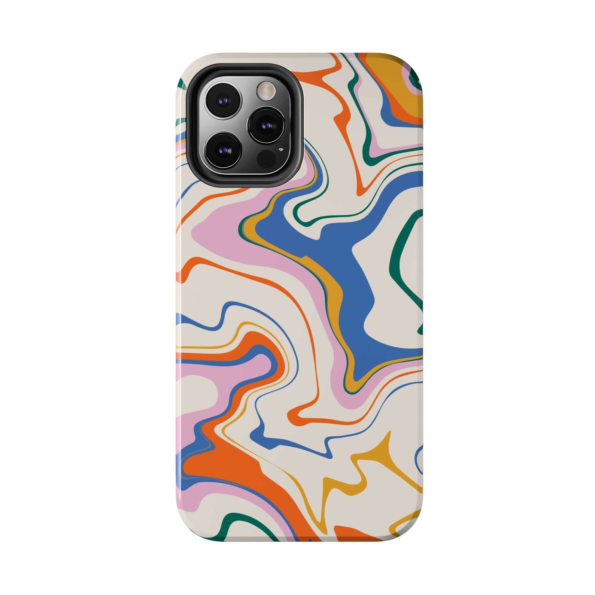 Colorful abstract swirl design phone case for iPhone 14 Pro Max and Samsung S23 featuring vibrant and cute patterns.