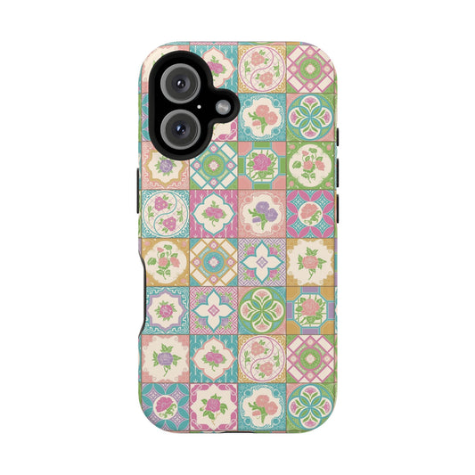 Colorful Peranakan Bloom iPhone case with Nyonya tile floral patterns, cute phone cover from best phone case brand.