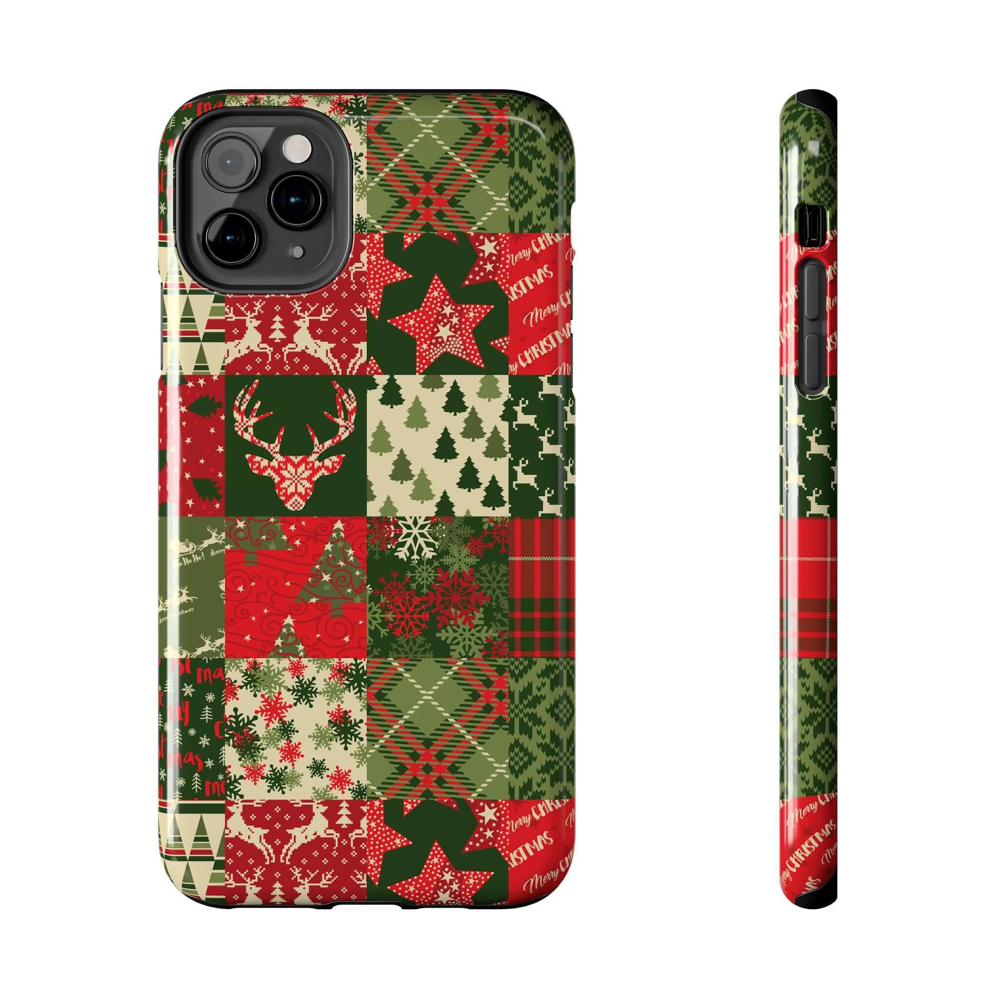 Cute green holiday phone case with Christmas trees and reindeer design, perfect custom iPhone case for festive winter style.