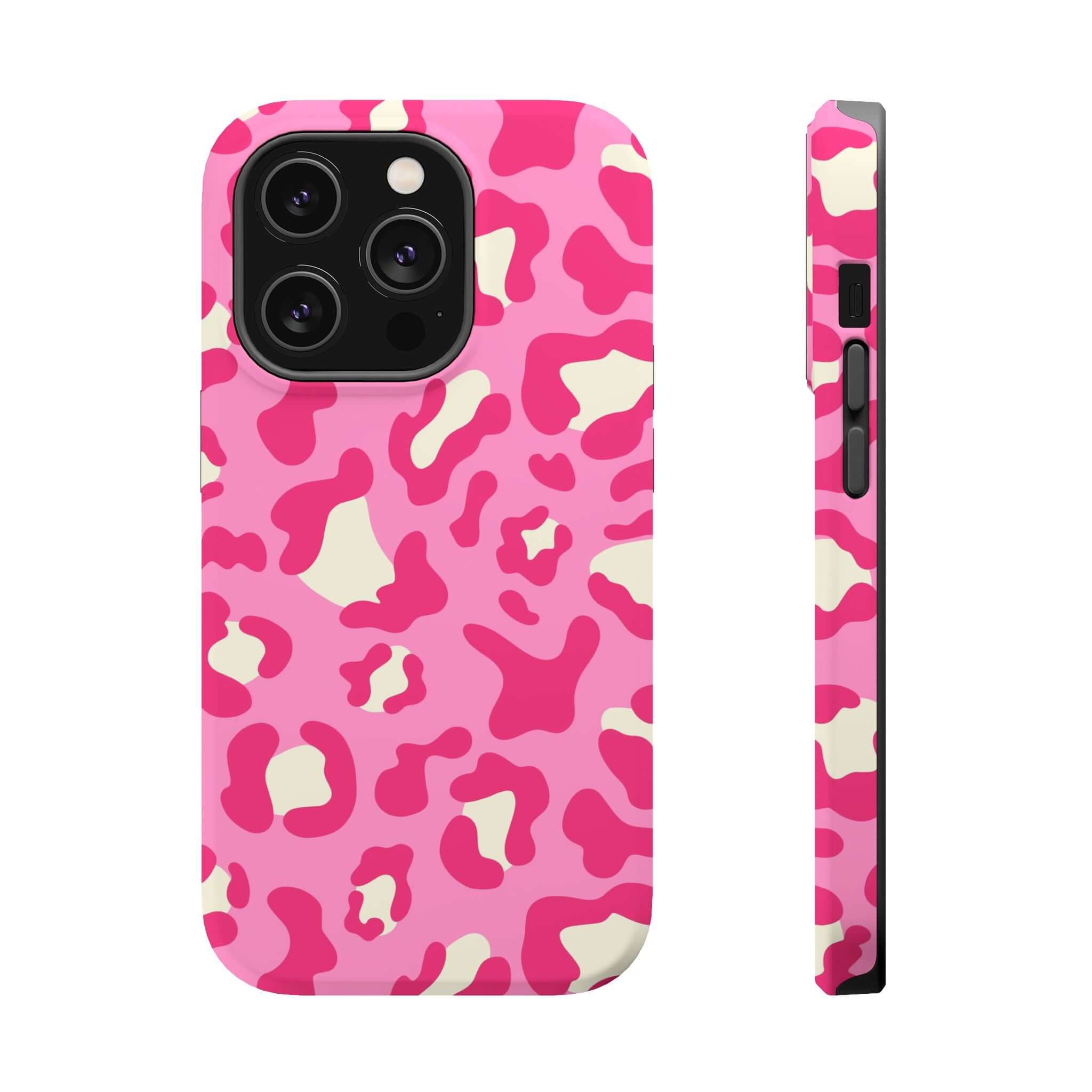 Pink Cheetah Print MagSafe Case for iPhone 14 Pro Max - Preppy Cheetah Design - Side and Back View of Phone Case