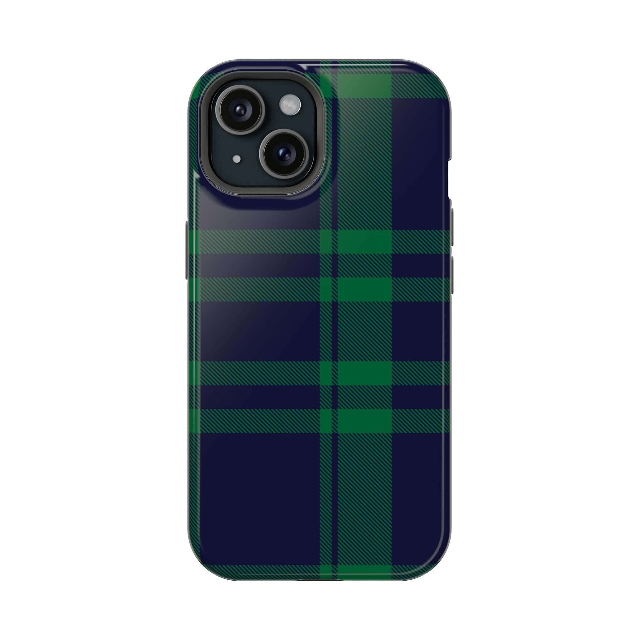 Mistletoe Plaid MagSafe Case for iPhone, featuring a festive green and navy plaid design for holiday cheer.