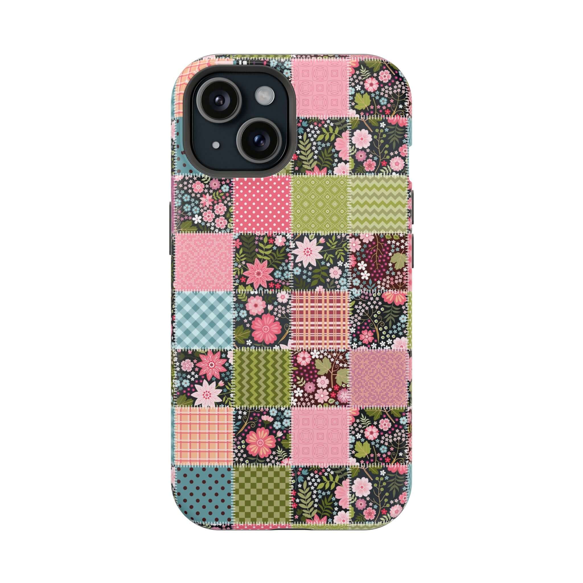 Cute Floral Patchwork MagSafe iPhone Case in pink and green design, showcasing the perfect granola girl and free-spirited vibe.