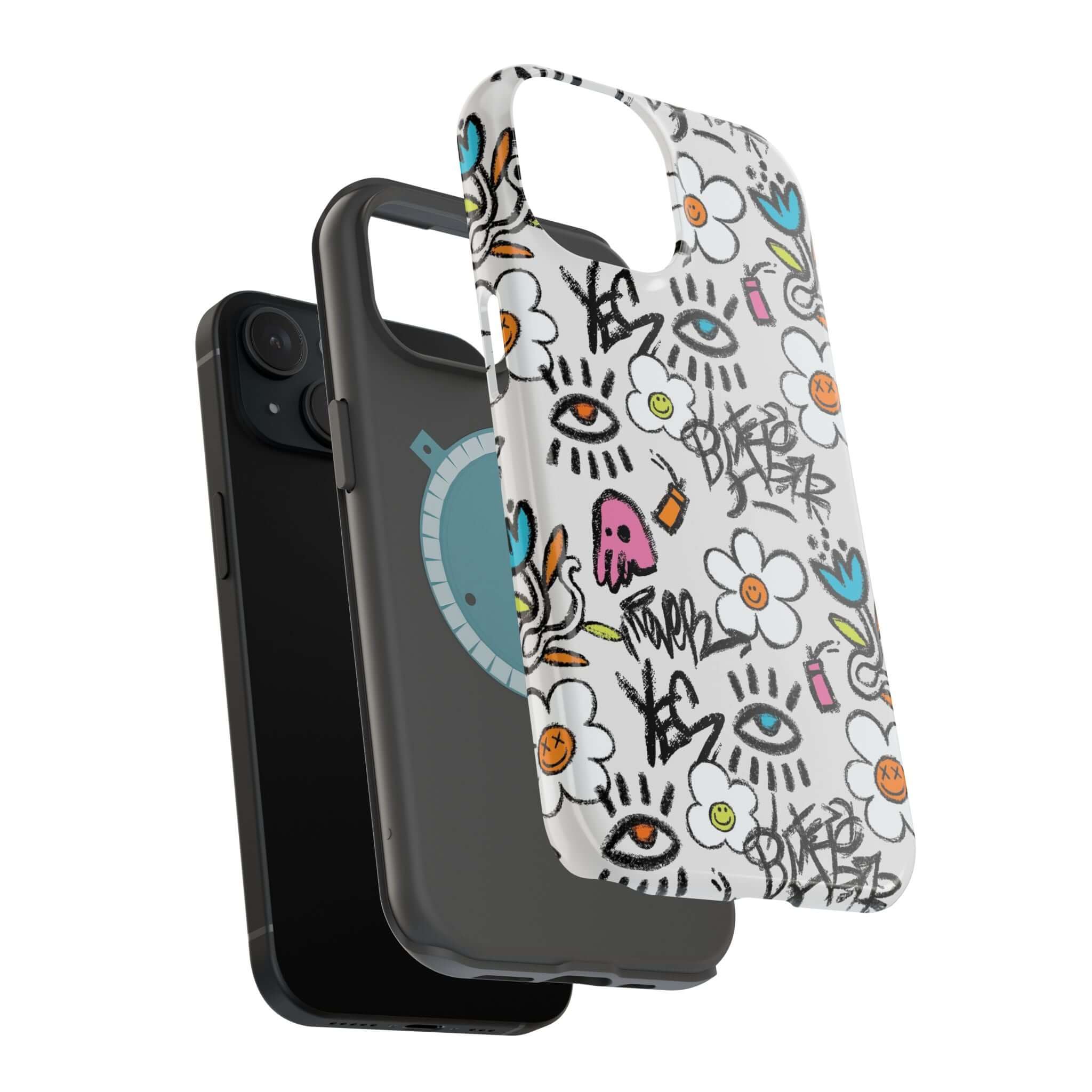 Cute phone cover showcasing Happy Chaos Floral Graffiti Case for iPhone, vibrant design with graffiti and flowers.