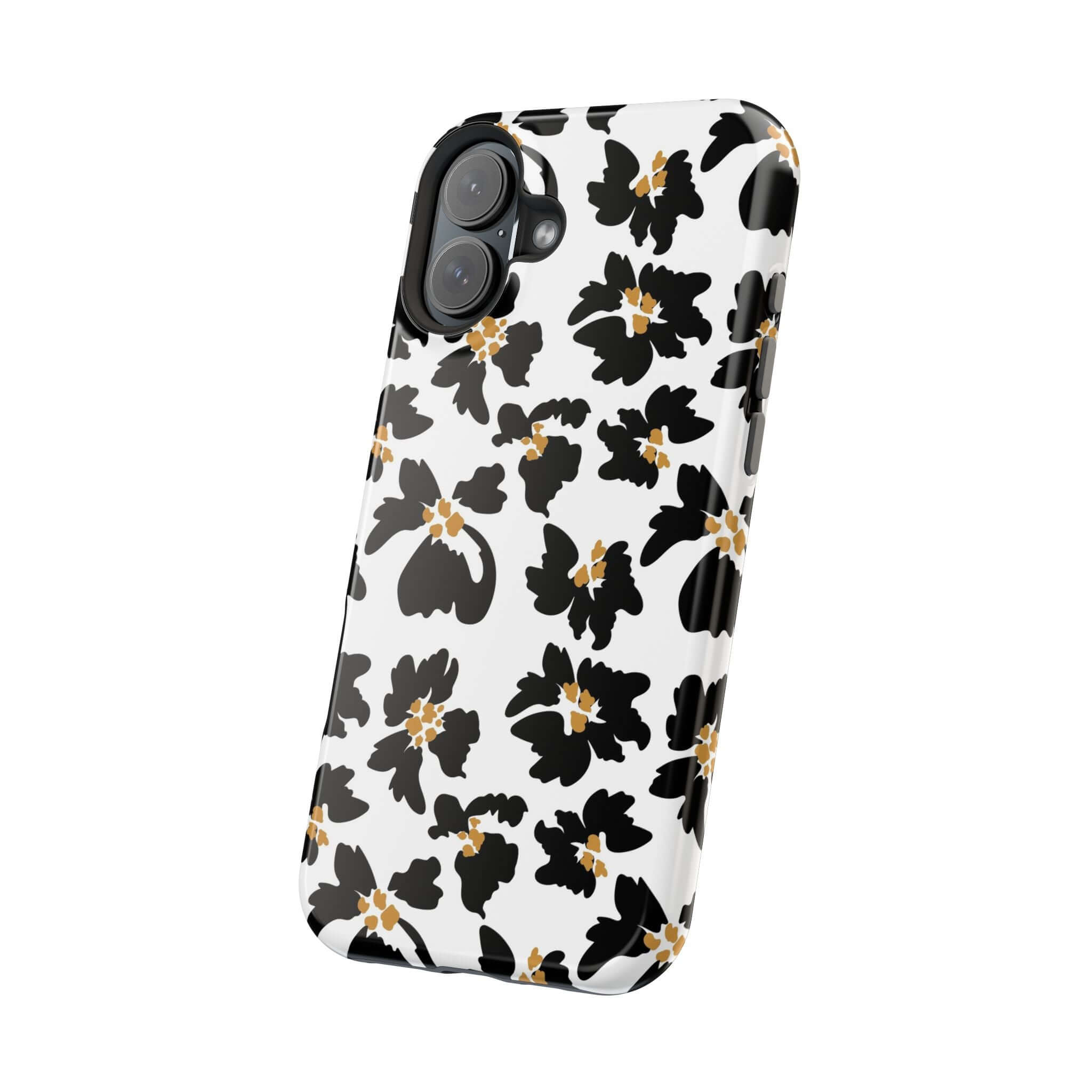 Noir Flora Black Floral Case with modern design, featuring a chic flower pattern. Cute MagSafe iPhone case for fashion-forward users.