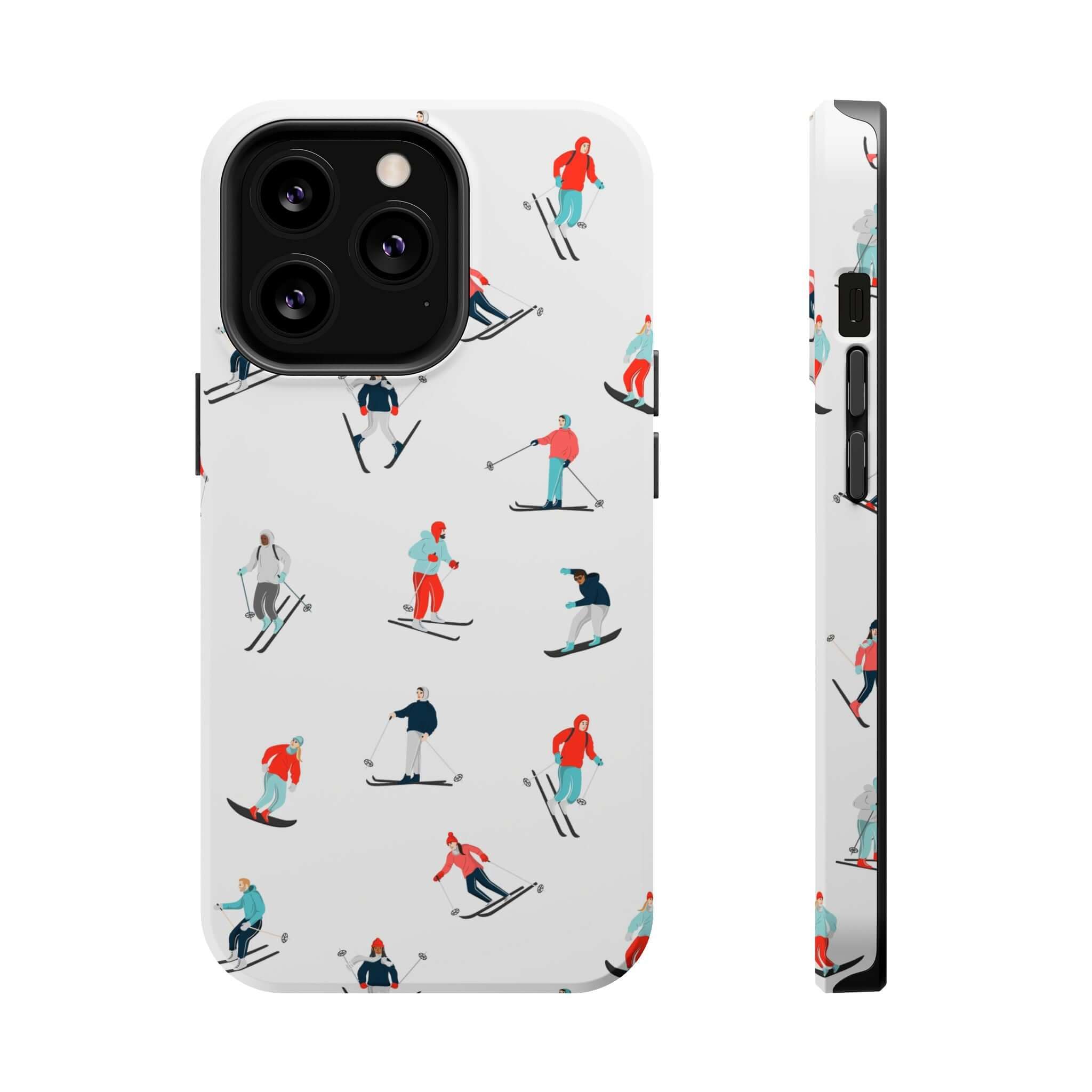 Cute phone cover featuring winter skiers, perfect phone case for iPhone lovers and winter sports enthusiasts.