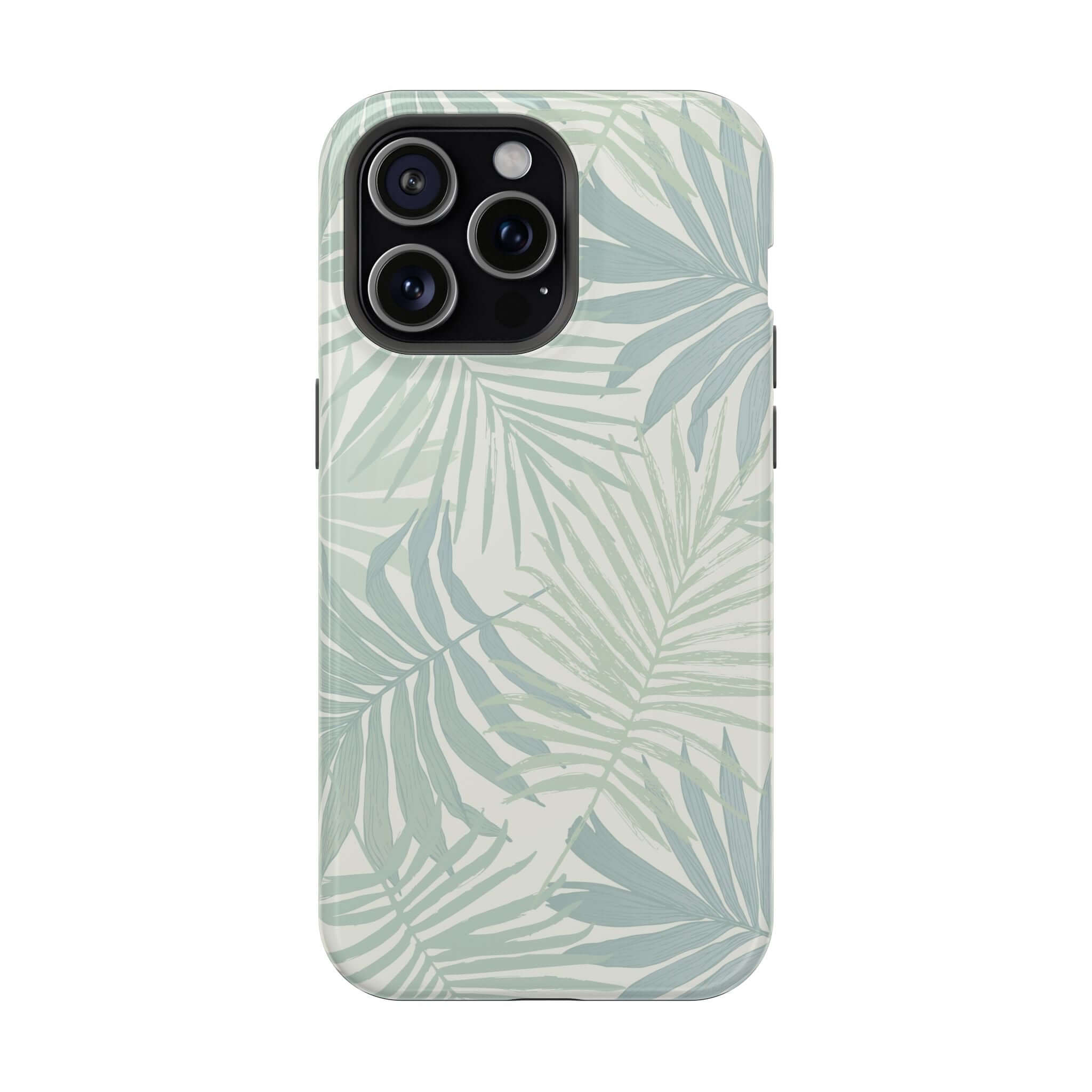 Teal tropical iPhone case with palm tree design and MagSafe technology. Cute phone case brands offering free shipping.