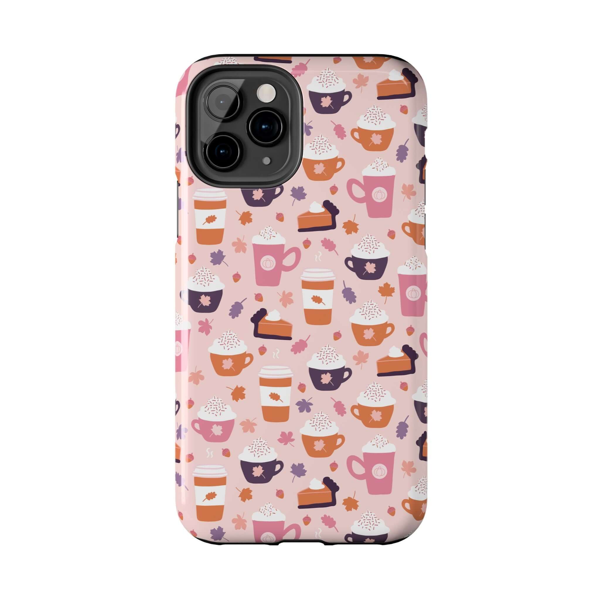 Cute iPhone 15 case with fall-themed pumpkin spice design for coffee lovers. Stylish and durable phone case for a perfect fall vibe.