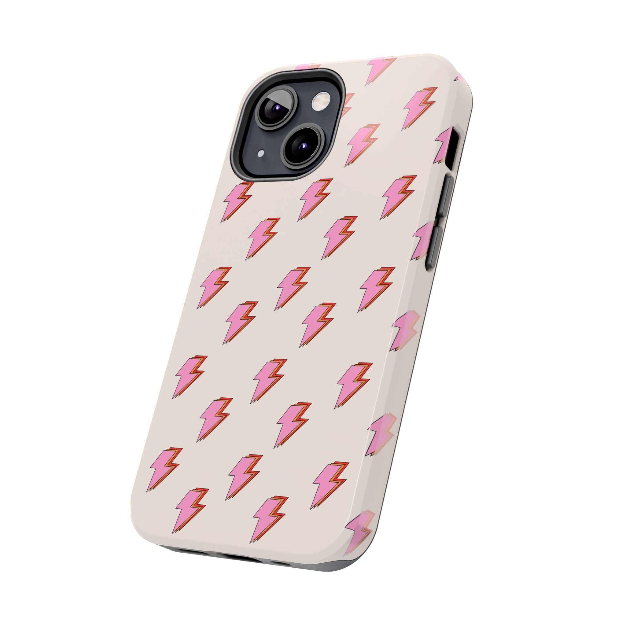 Cute iPhone case for iPhone 14 and iPhone 15 featuring pink lightning bolts - Electric Vibes Lighting Bolt Case.