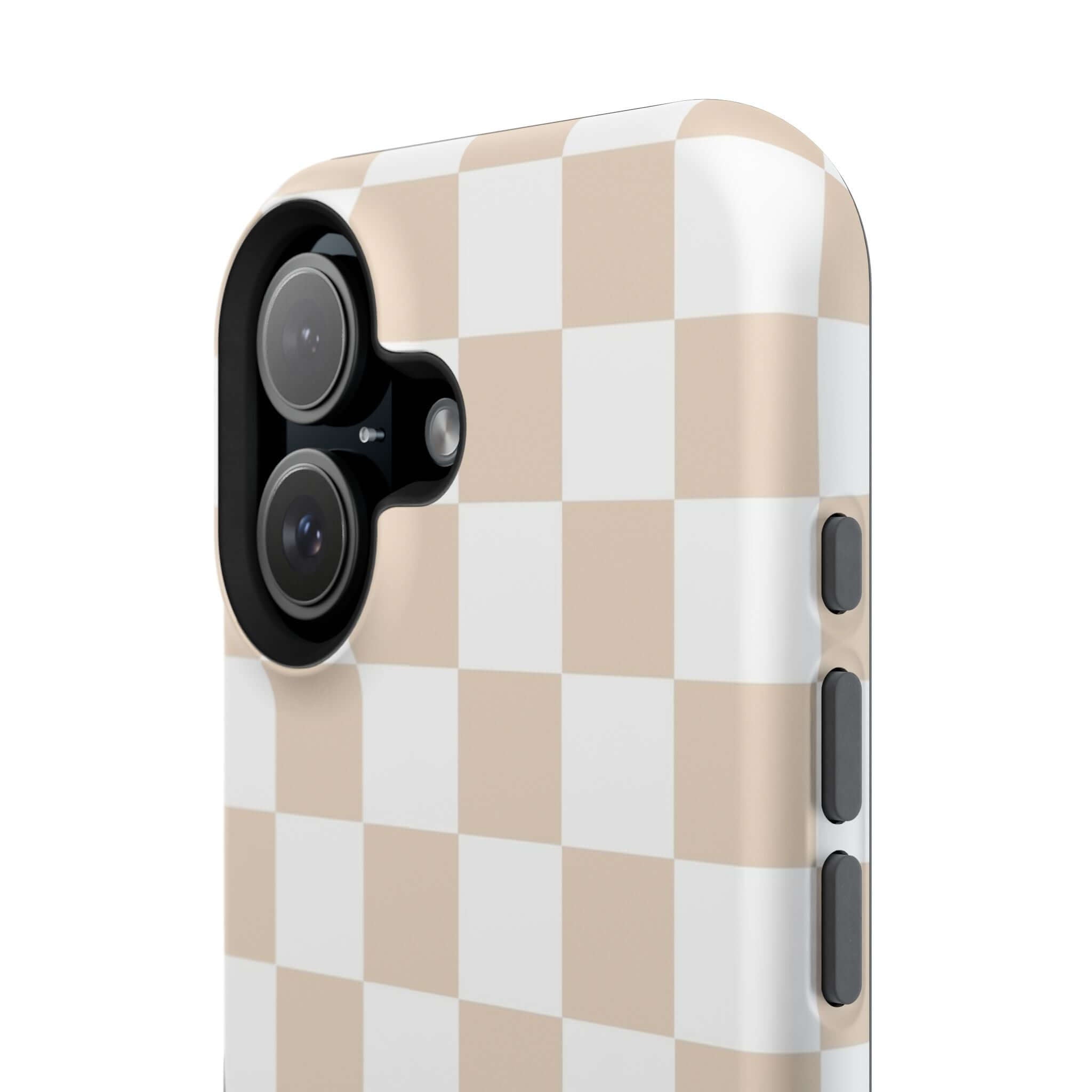 Cream checkered MagSafe iPhone case, cute protective phone case for iPhone 16 with trendy beige checkered print.