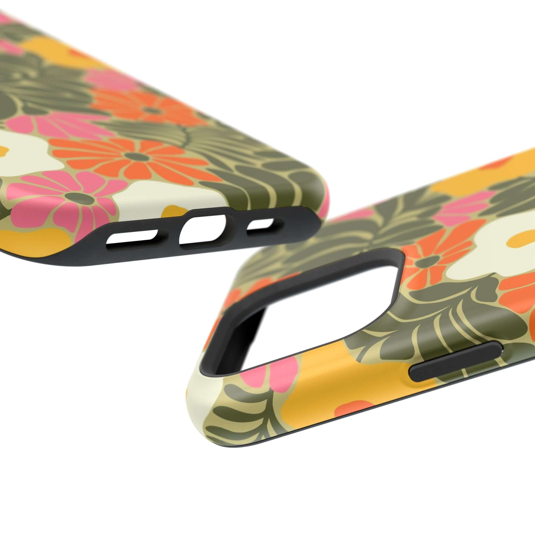 Playful retro floral iPhone case showcasing vibrant tropical patterns and perfect MagSafe compatibility. Cute phone cover for summer!