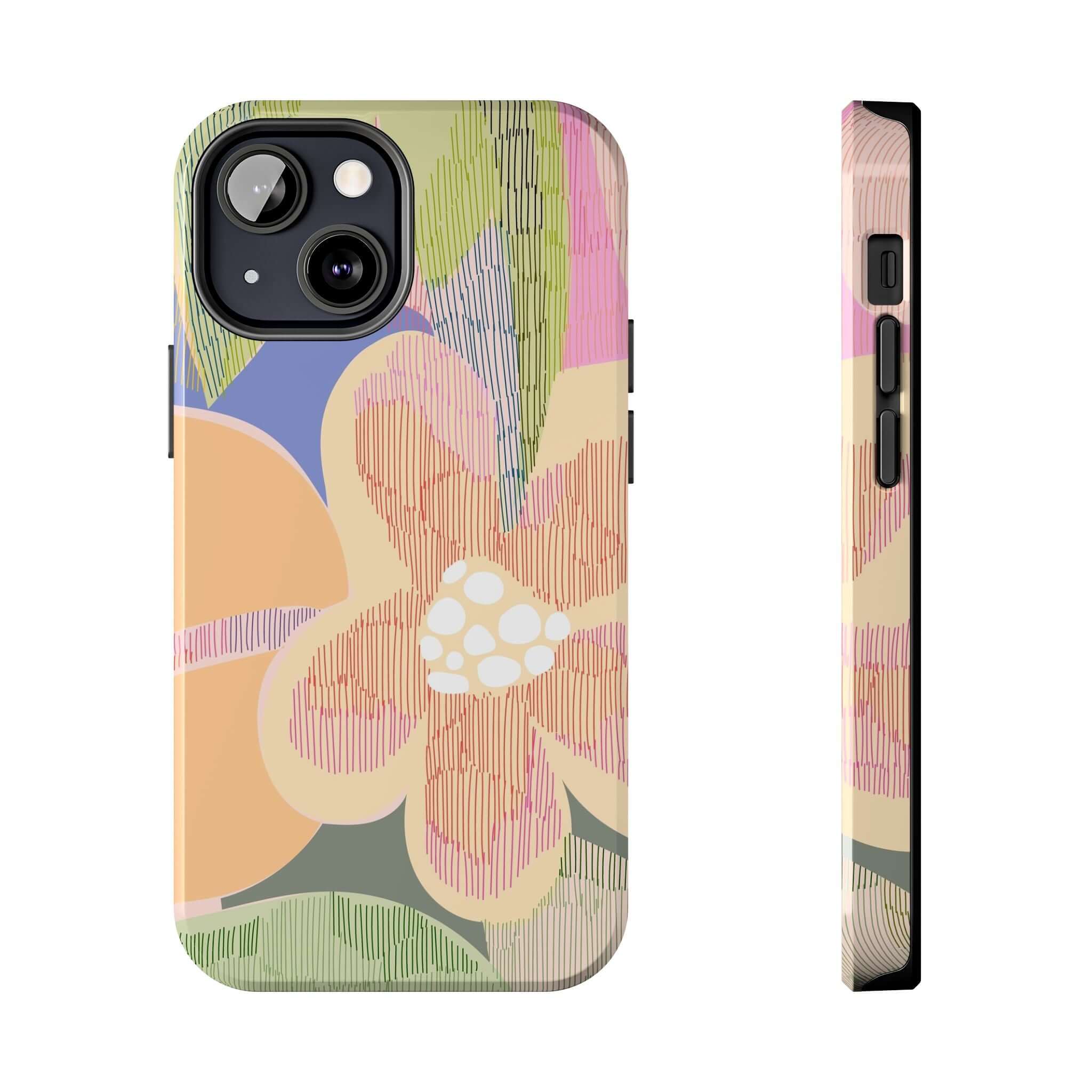 Colorful abstract floral phone case for iPhone 14 Pro Max and Samsung S23 with palm trees and vibrant aesthetic. Cute and protective design.