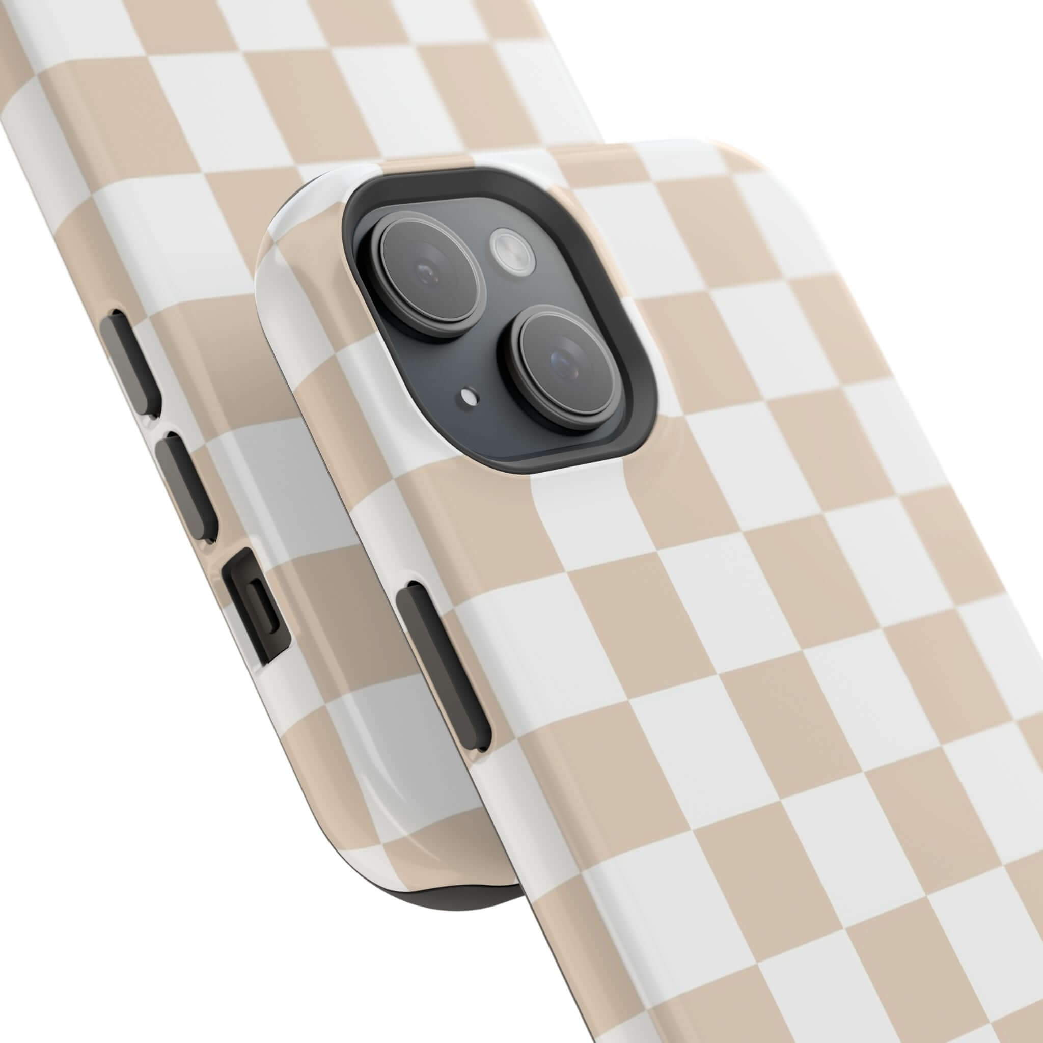 Cream checkered cute MagSafe iPhone 16 case, stylish beige protective phone case with classic checkered print.