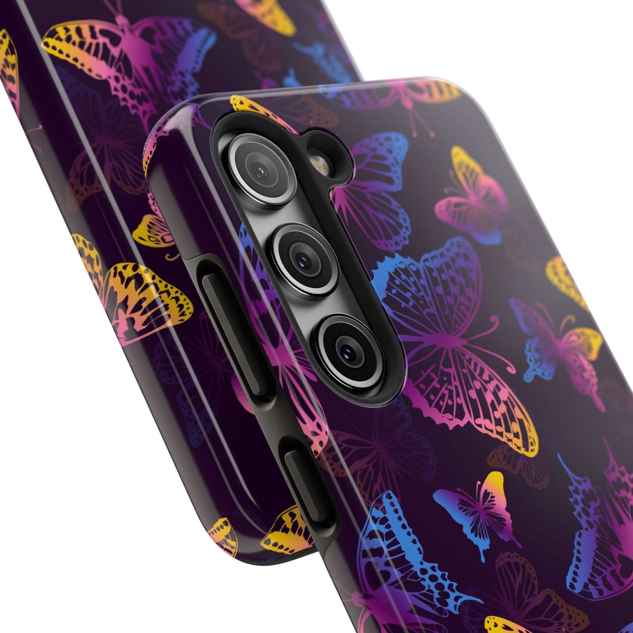 Midnight Flutter black MagSafe iPhone case with colorful butterfly design, perfect cute phone cover for butterfly lovers.