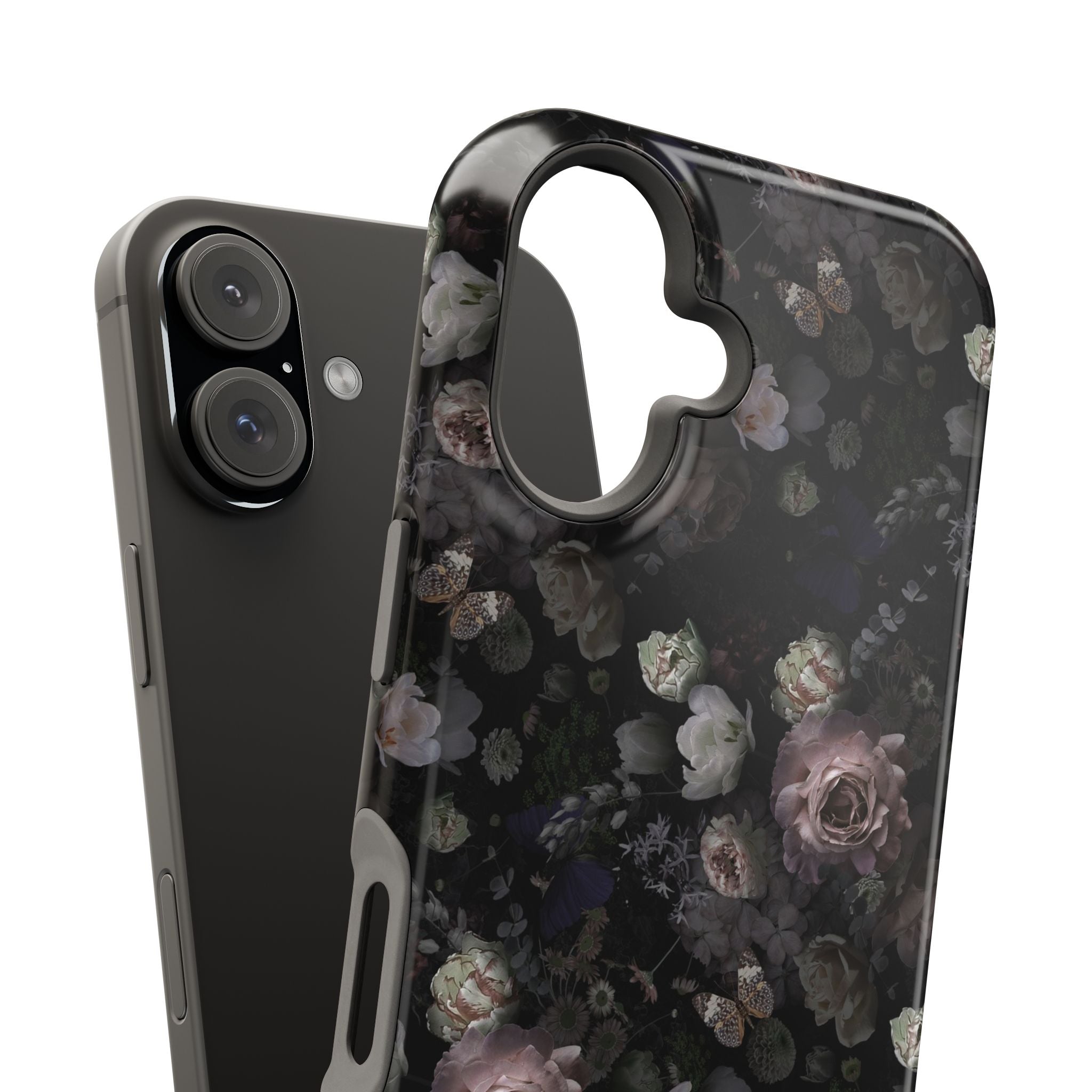 Midnight Curse Black Floral MagSafe iPhone Case featuring cute roses, perfect for stylish phone protection.