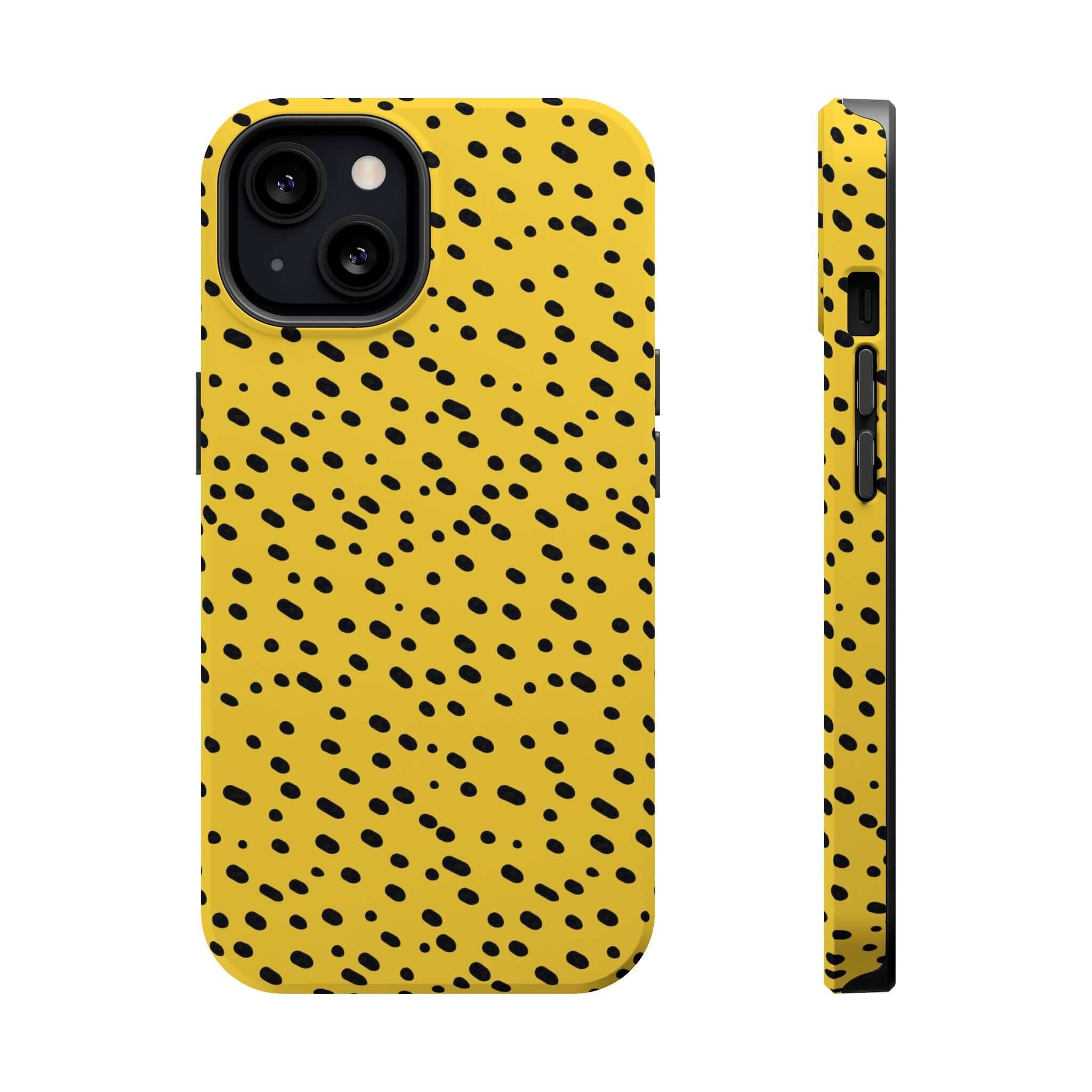 Yellow cheetah print iPhone MagSafe case with abstract spots, offering a colorful and cute phone protection design.