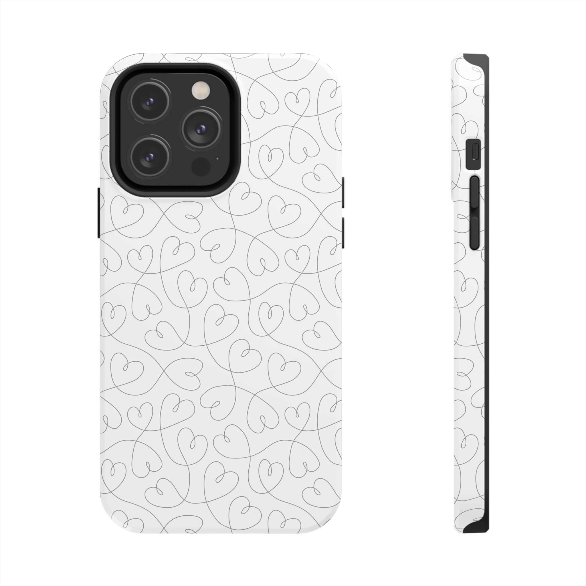 Silver Hearts Romance phone case for iPhone 14 Pro Max featuring abstract heart design for brides and weddings, cute and stylish accessory.