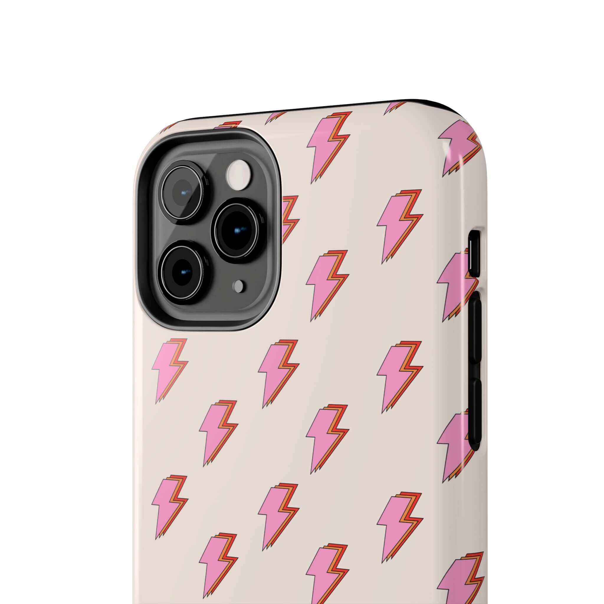 Cute iPhone 14 case with retro pink lightning bolt design on beige background, Electric Vibes Lighting Bolt Case for iPhone 15, free shipping.