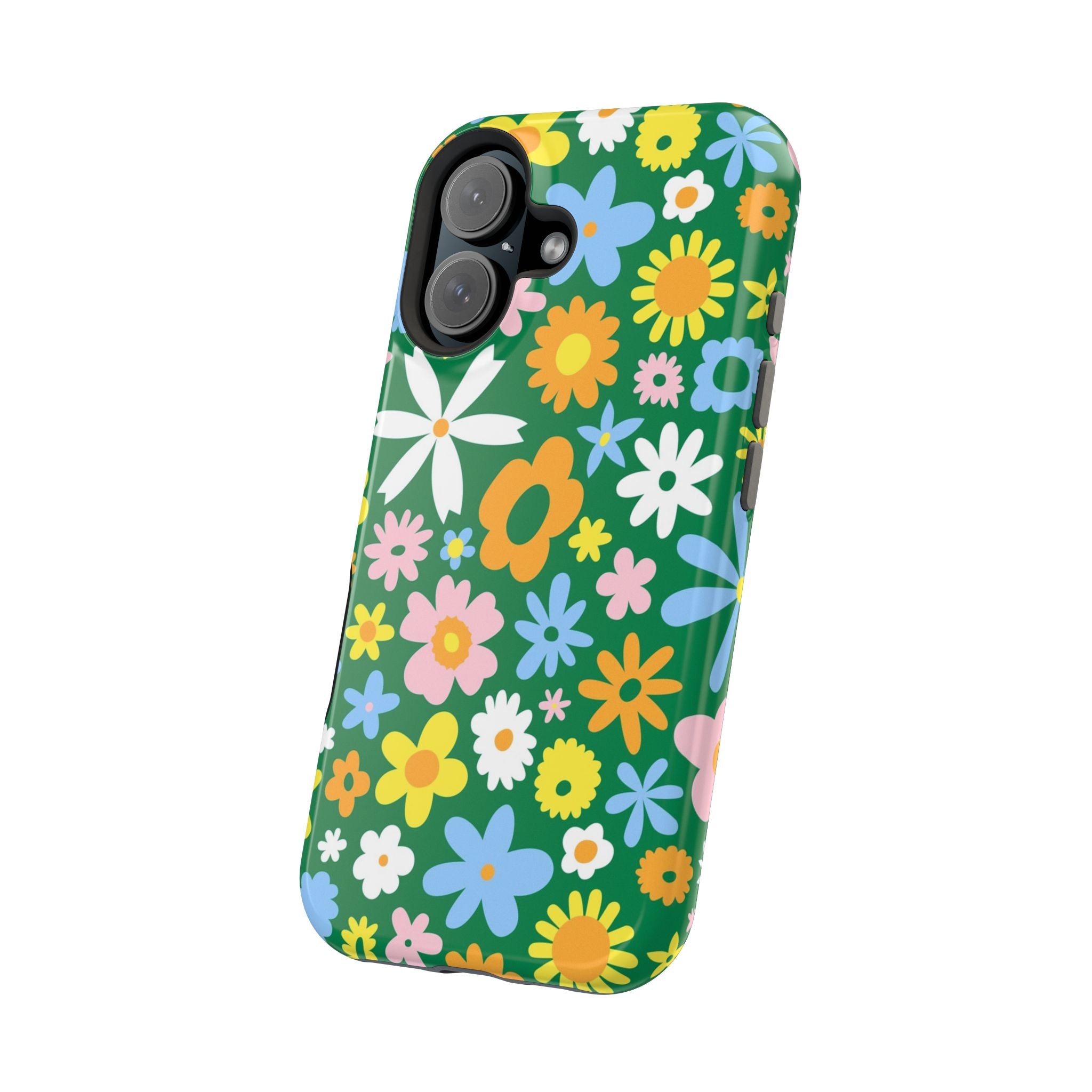 Vibrant floral hippie MagSafe iPhone case with colorful flowers, cute phone cover design on a green background.