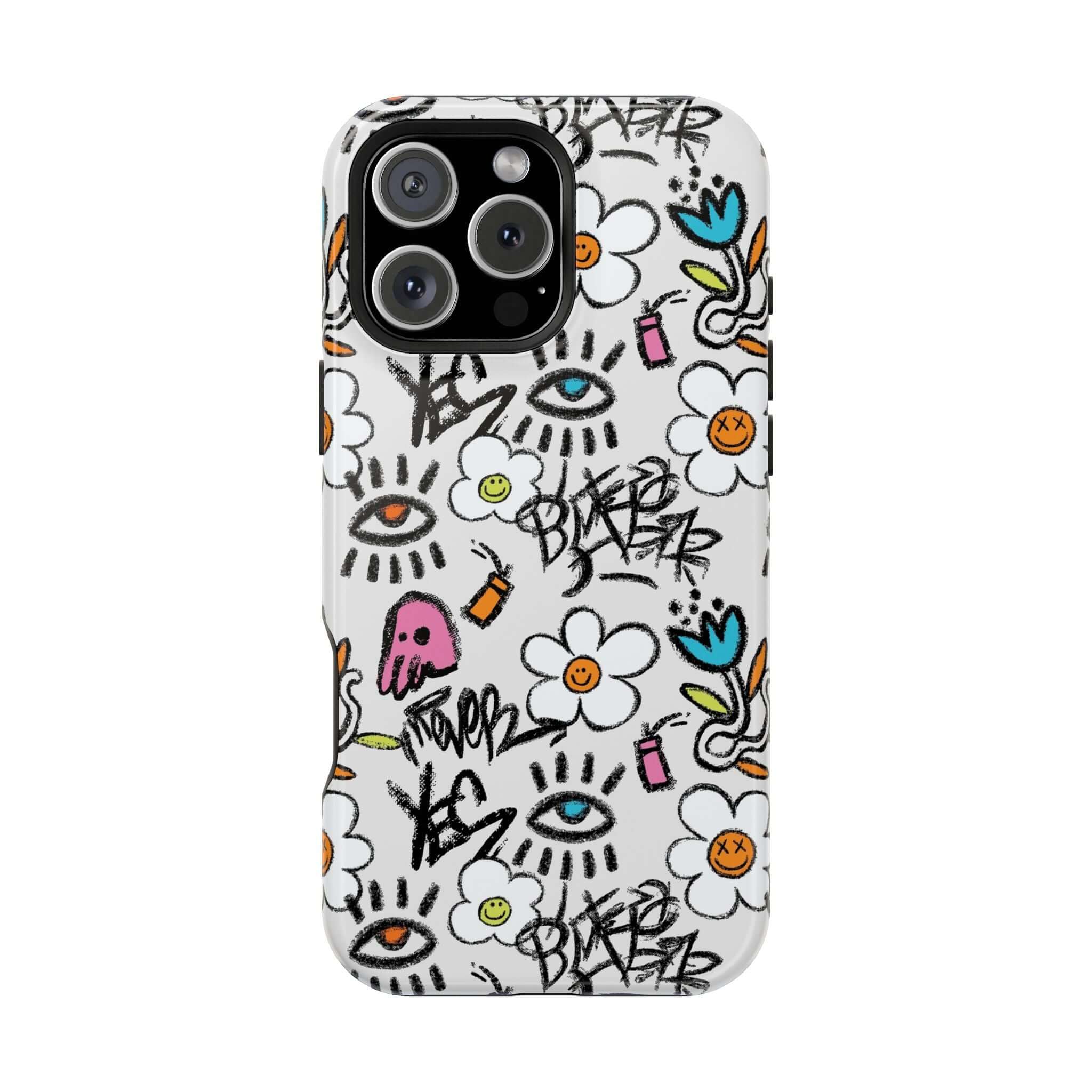 Cute phone cover featuring playful floral graffiti design, perfect for iPhone with MagSafe technology.