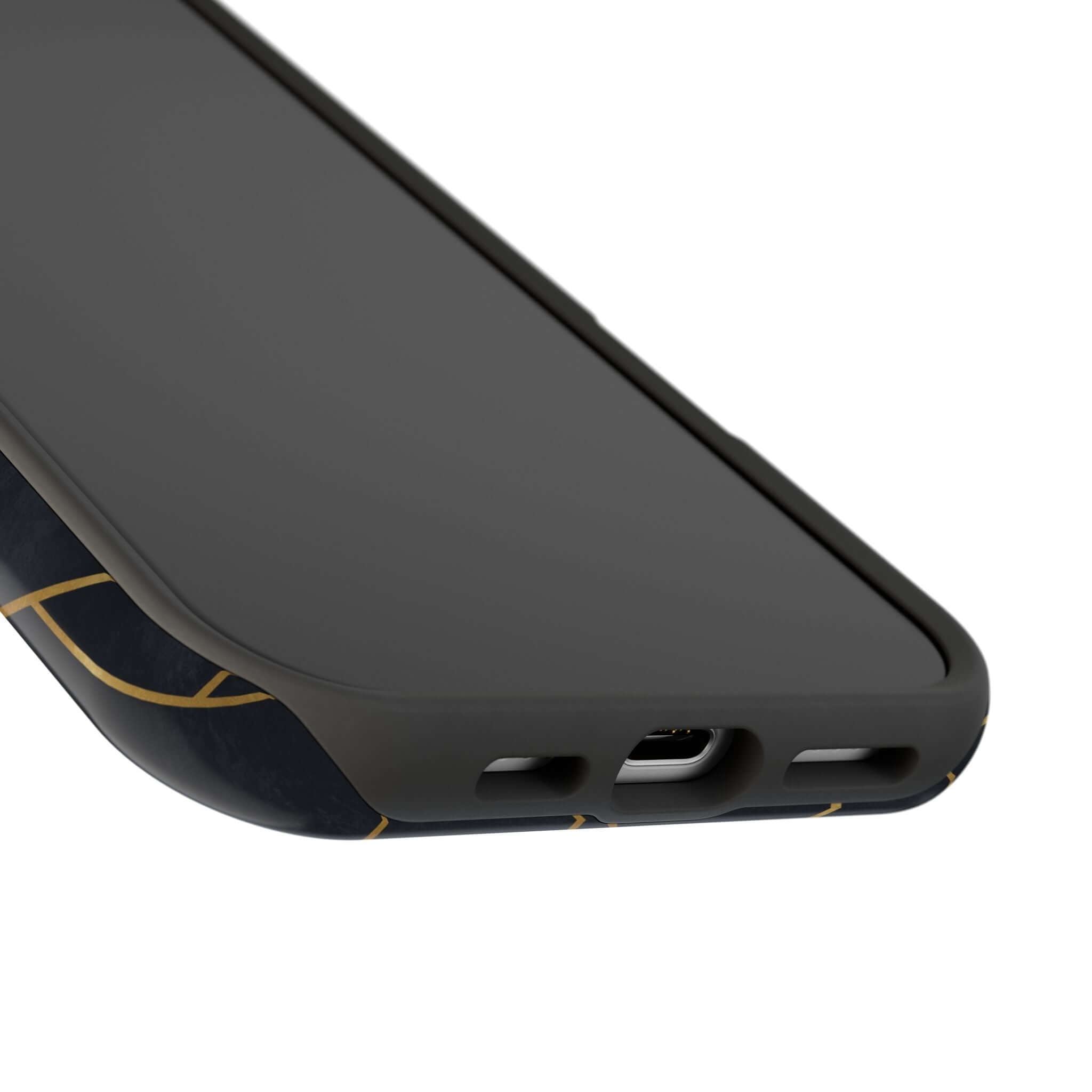 Black Urban Vibe geometric iPhone case with a sleek design and abstract gold accents.