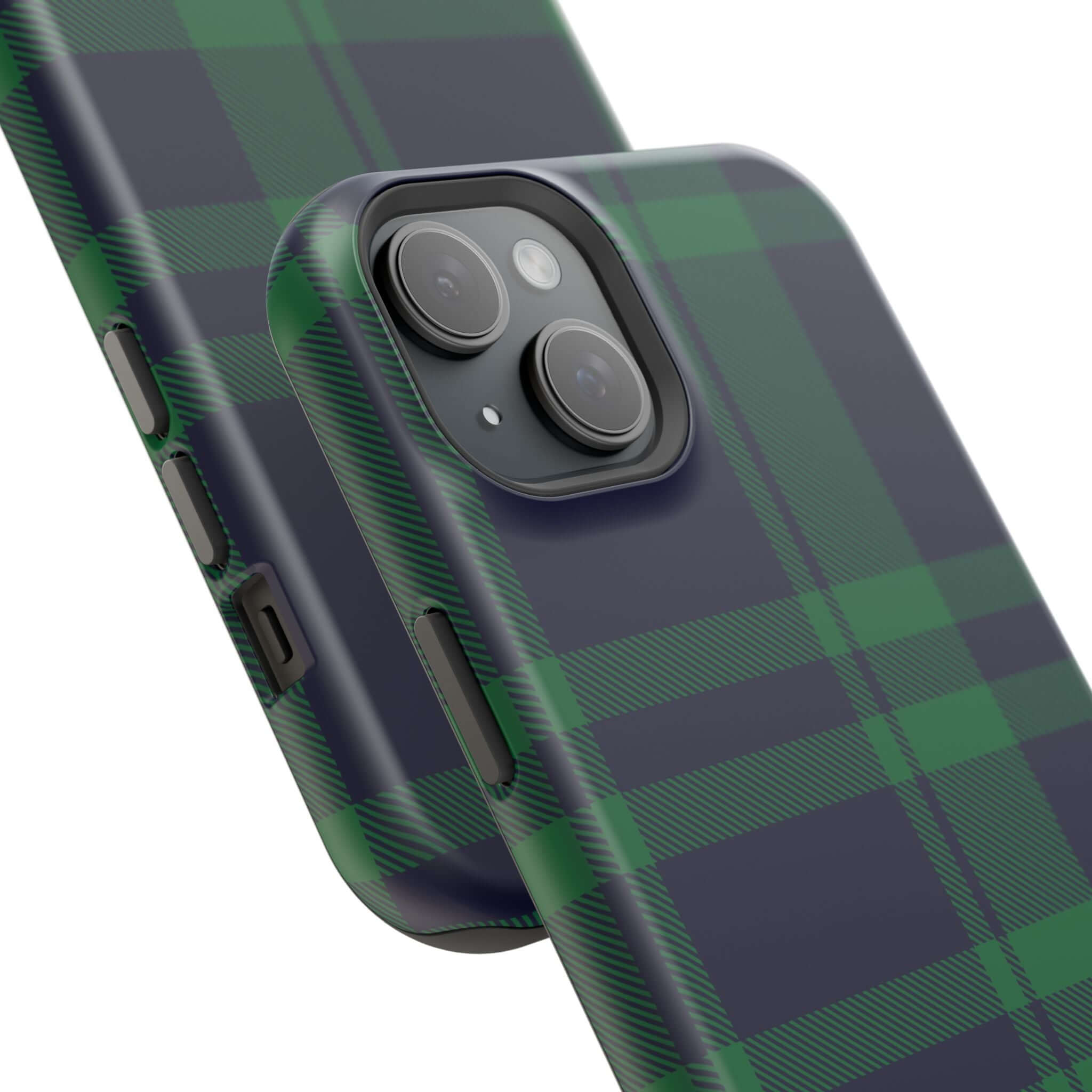 Close-up of Mistletoe Plaid MagSafe case, a cute phone cover featuring a festive green plaid pattern for iPhone.