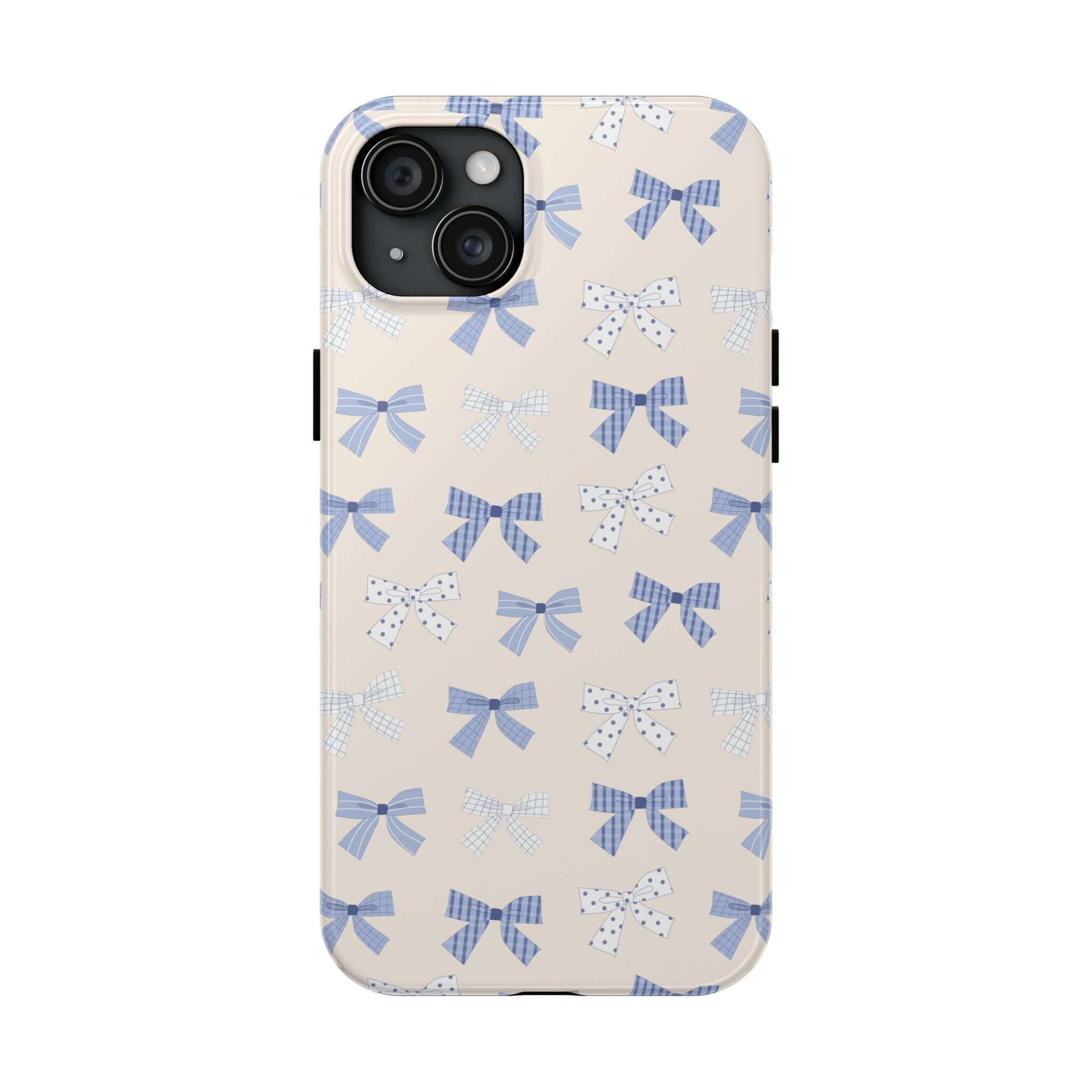 Cute iPhone 16 case with blue bows, perfect for a bride-to-be. Playful design for stylish phone protection.