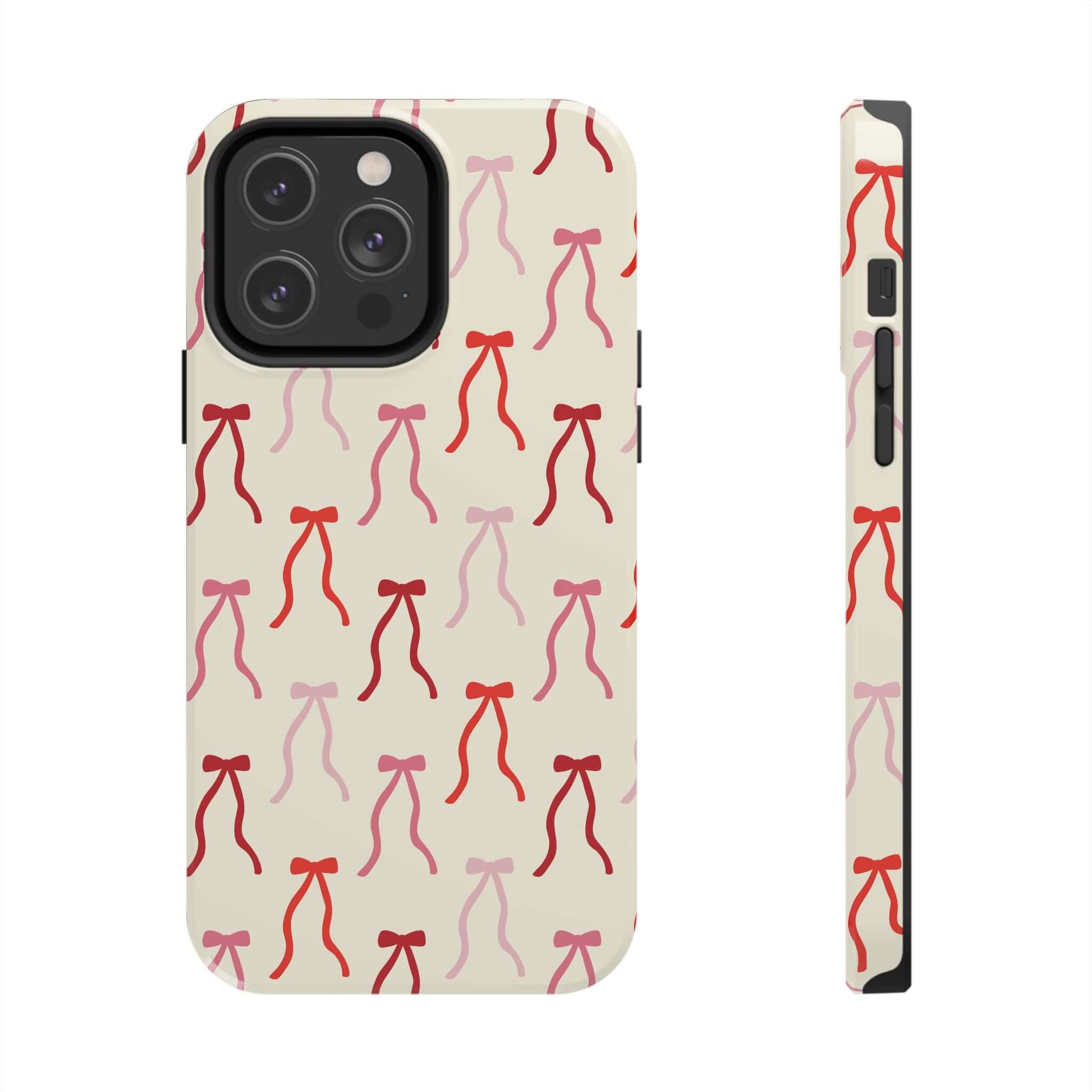 Beige Coquette Phone Case for iPhone 16 with Red Bow Design, Cute and Playful Style