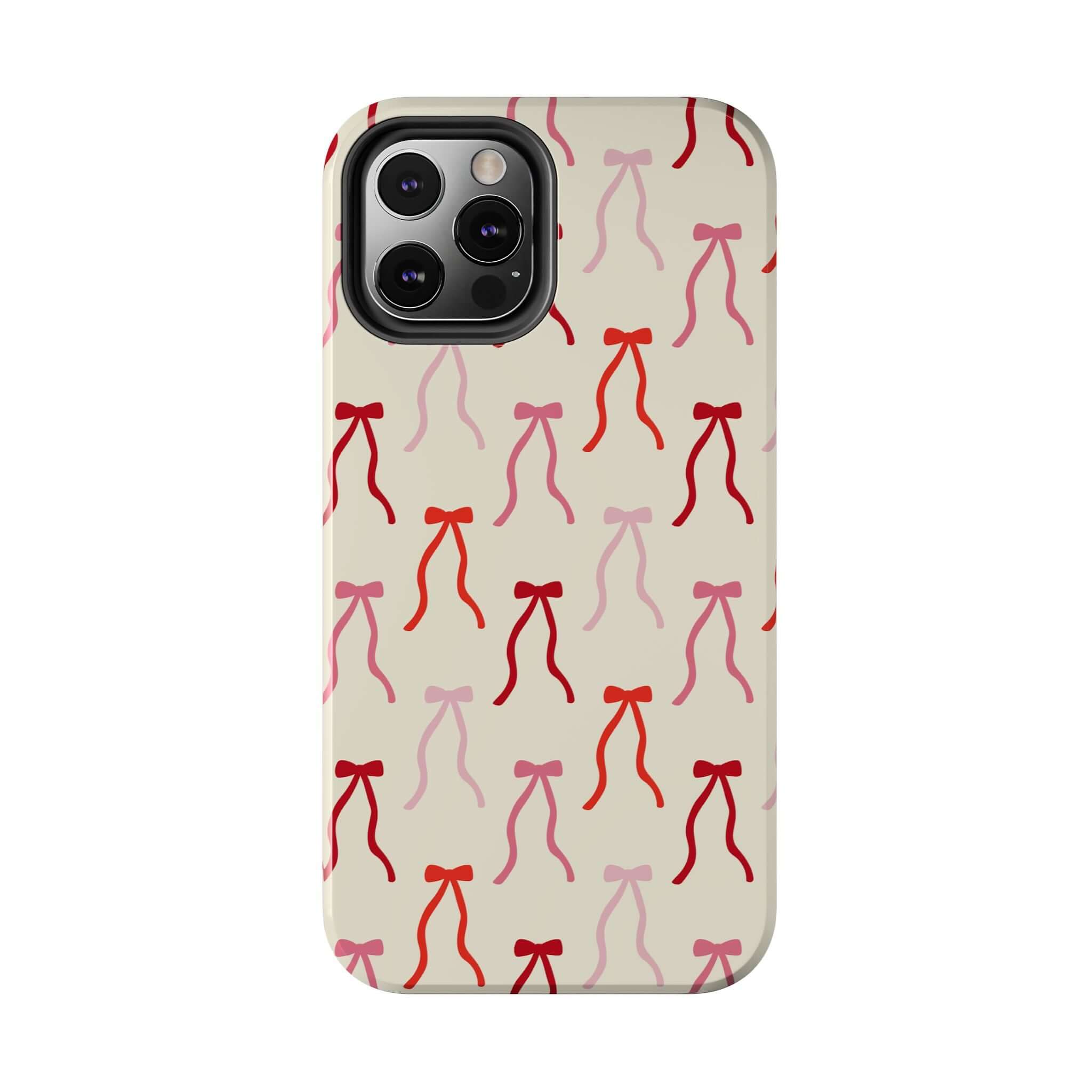 Beige Coquette Case with red and pink bow designs for iPhone 16, cute phone case offering stylish protection.