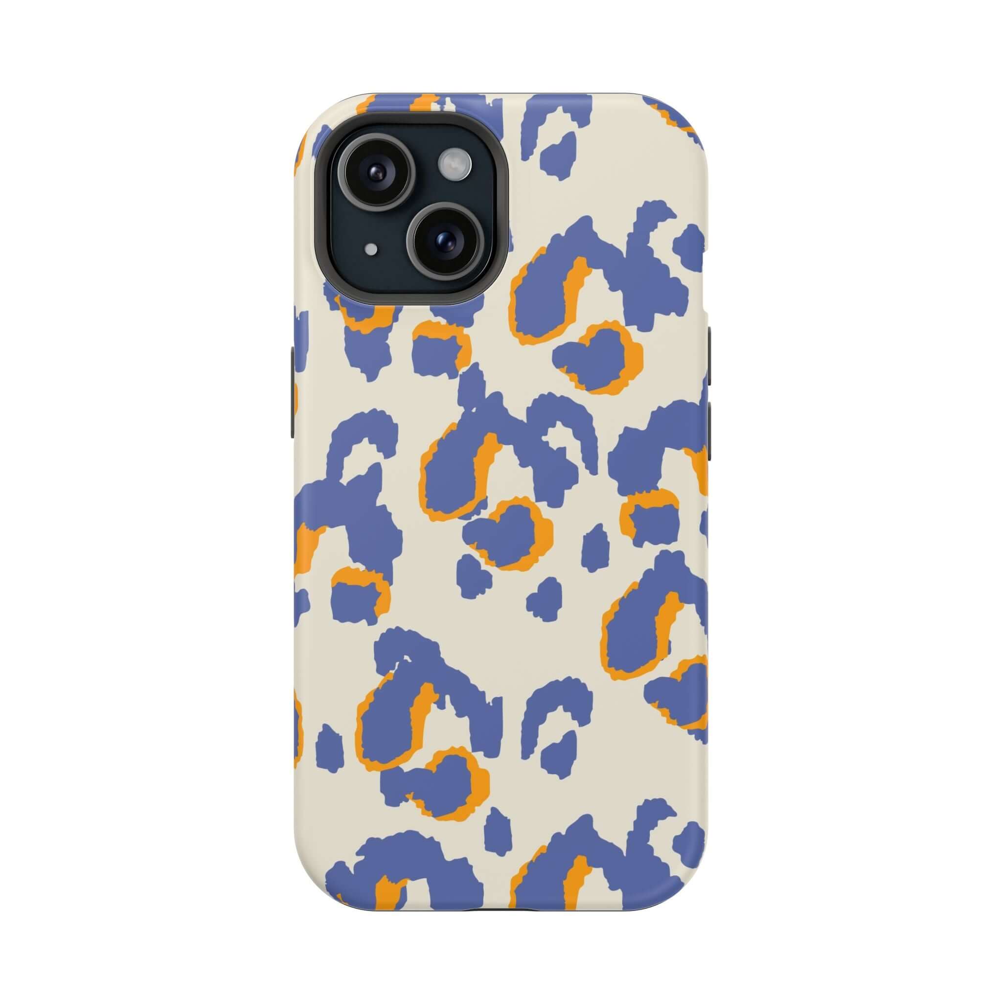 Colorful iPhone case with blue leopard print, Safari Blaze design, abstract and cute phone case for a wild, stylish look.