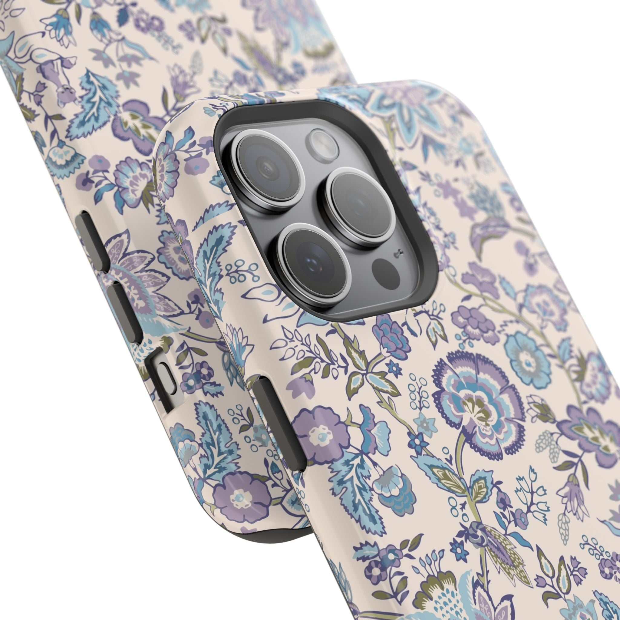 Blue CottageCore floral MagSafe iPhone case, cute phone cover with whimsical garden design, perfect floral iPhone case for nature lovers.