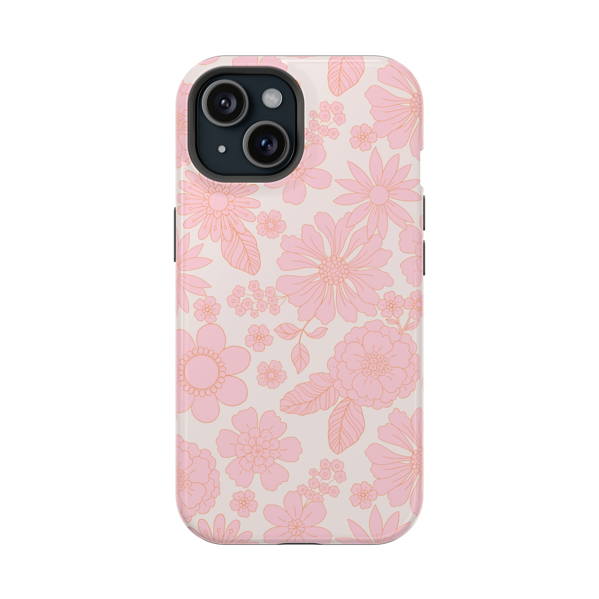 Pink floral iPhone 16 MagSafe phone case, cute cottagecore design, Charming Petals cover, girly aesthetic protection.