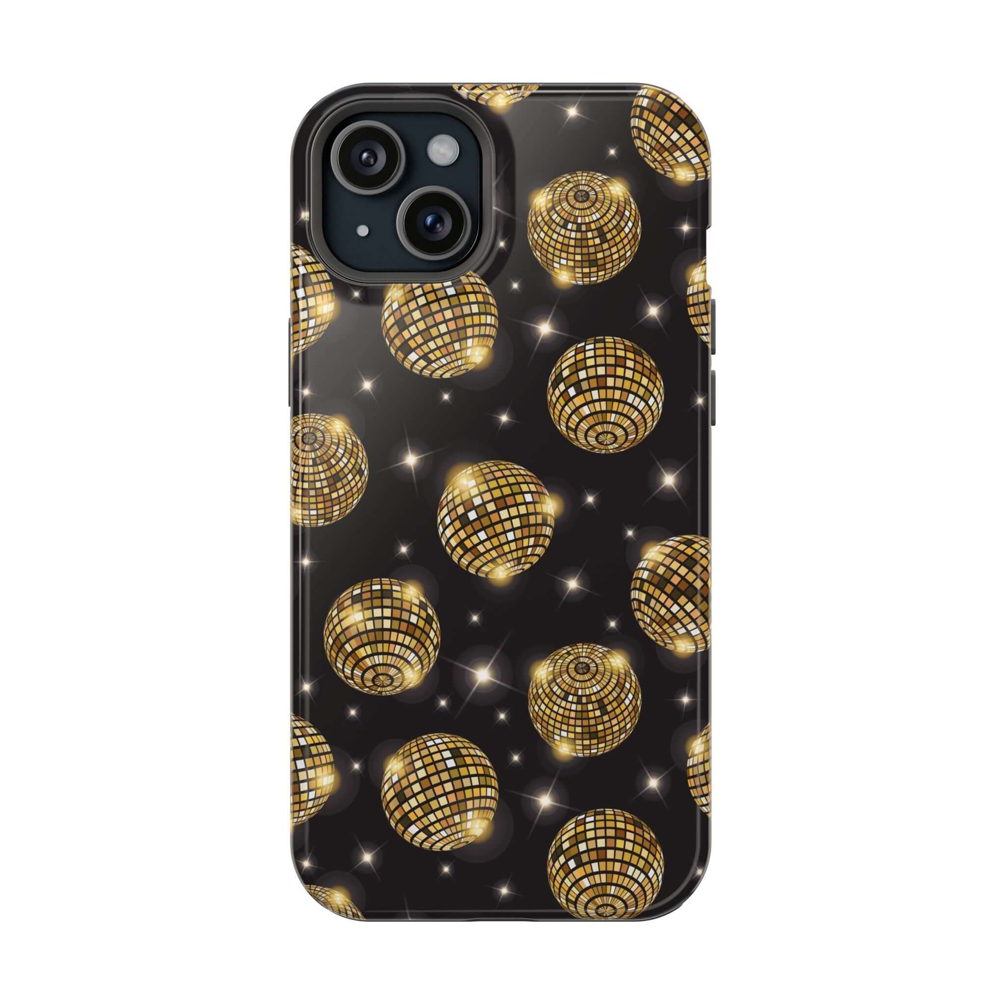 Cute iPhone 14 case with gold disco ball design, Dance the Night Away phone cover with free shipping, perfect for parties