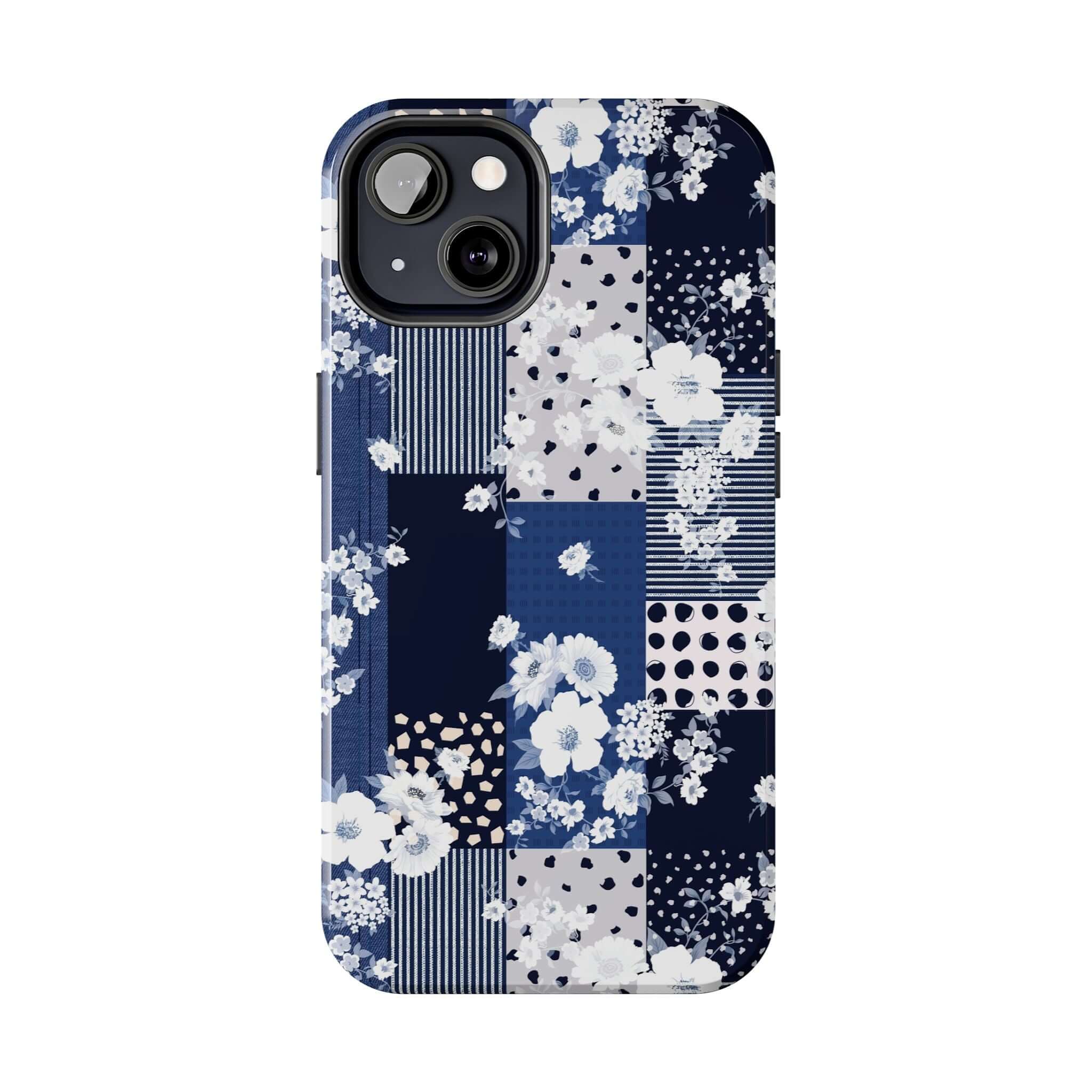 Sorority Book Club blue floral patchwork iPhone case, cute phone cover with flowers, ideal for both iPhone and Samsung devices