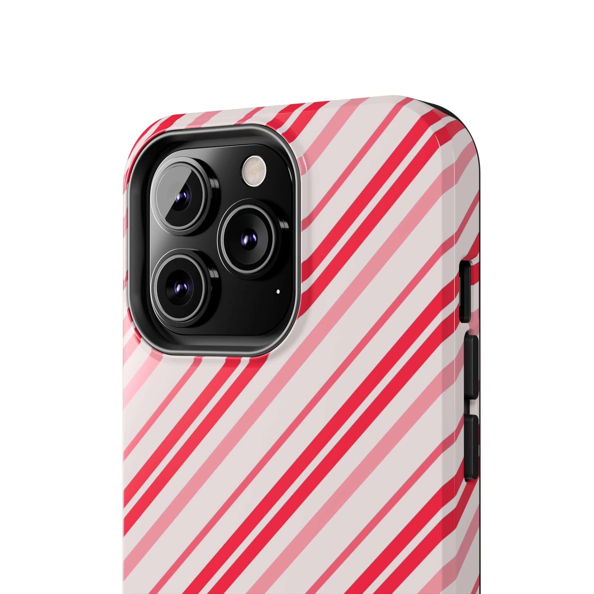 Festive candy cane striped holiday iPhone case with custom cute phone design, perfect for winter Christmas style.