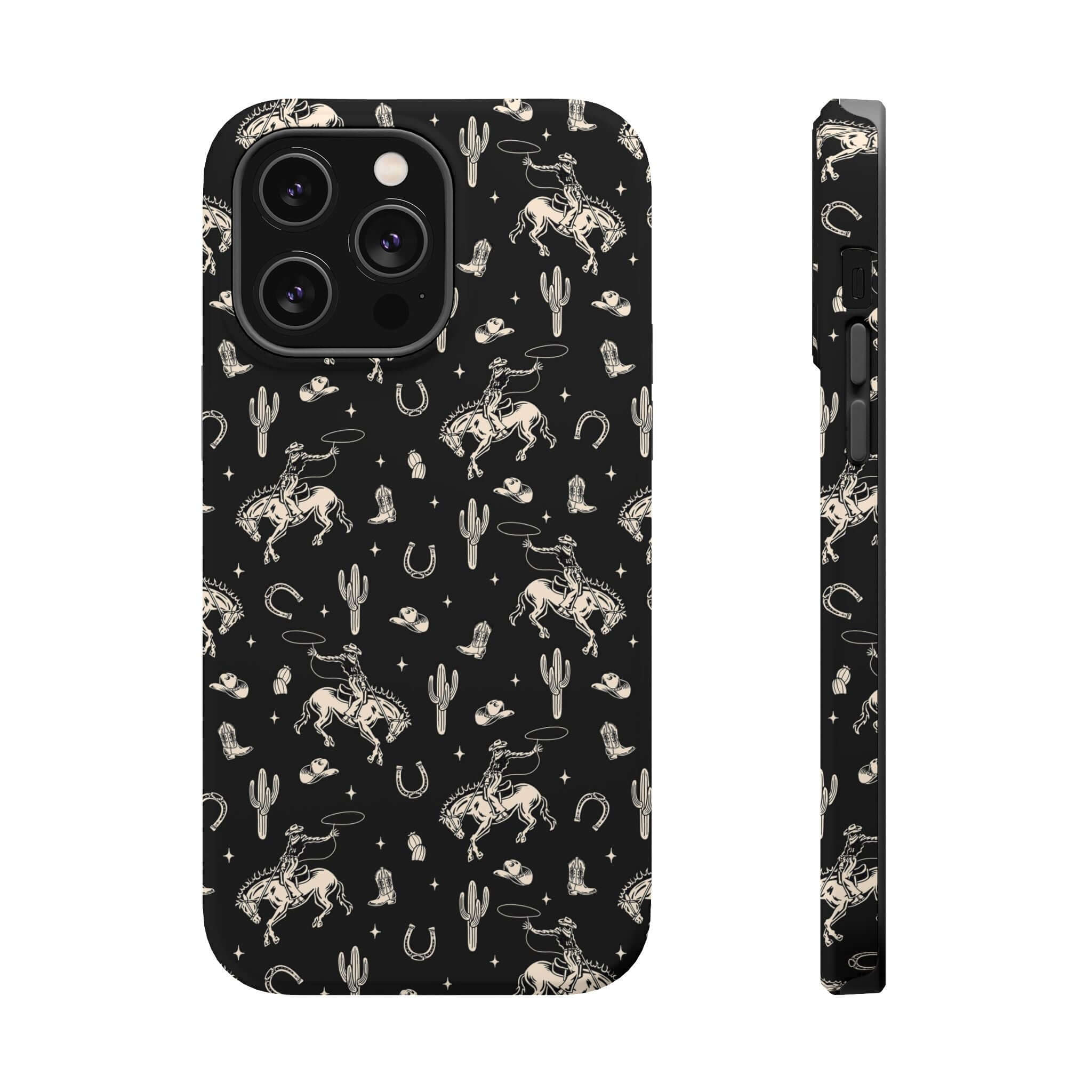 Cute iPhone case with black western cowgirl design and flowers, perfect for stylish protection and free shipping.