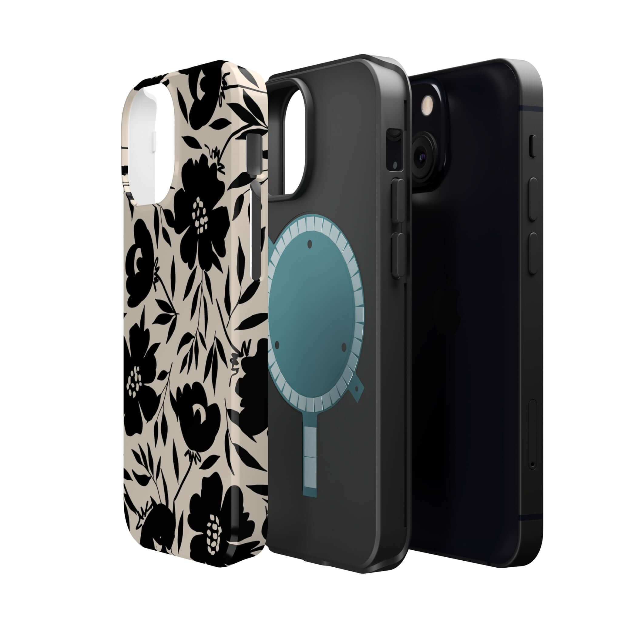 Eclipse Garden black floral case for iPhone 16, cute phone accessory showcasing bold design and adventurous spirit.