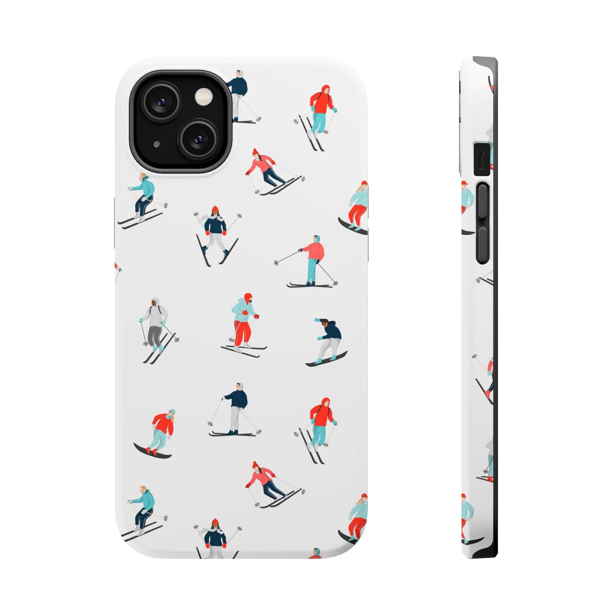 Cute phone cover featuring skiers on a white background, perfect iPhone case for winter sports lovers.