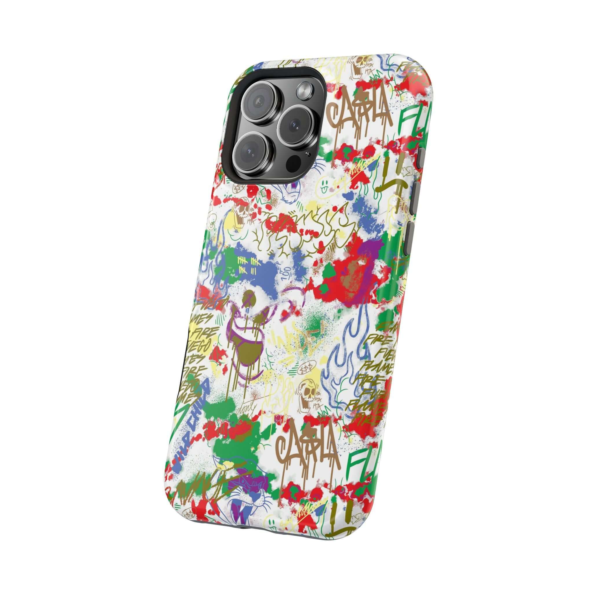 Colorful graffiti design on a cute phone cover for iPhone, showcasing artistic vibes and MagSafe compatibility.